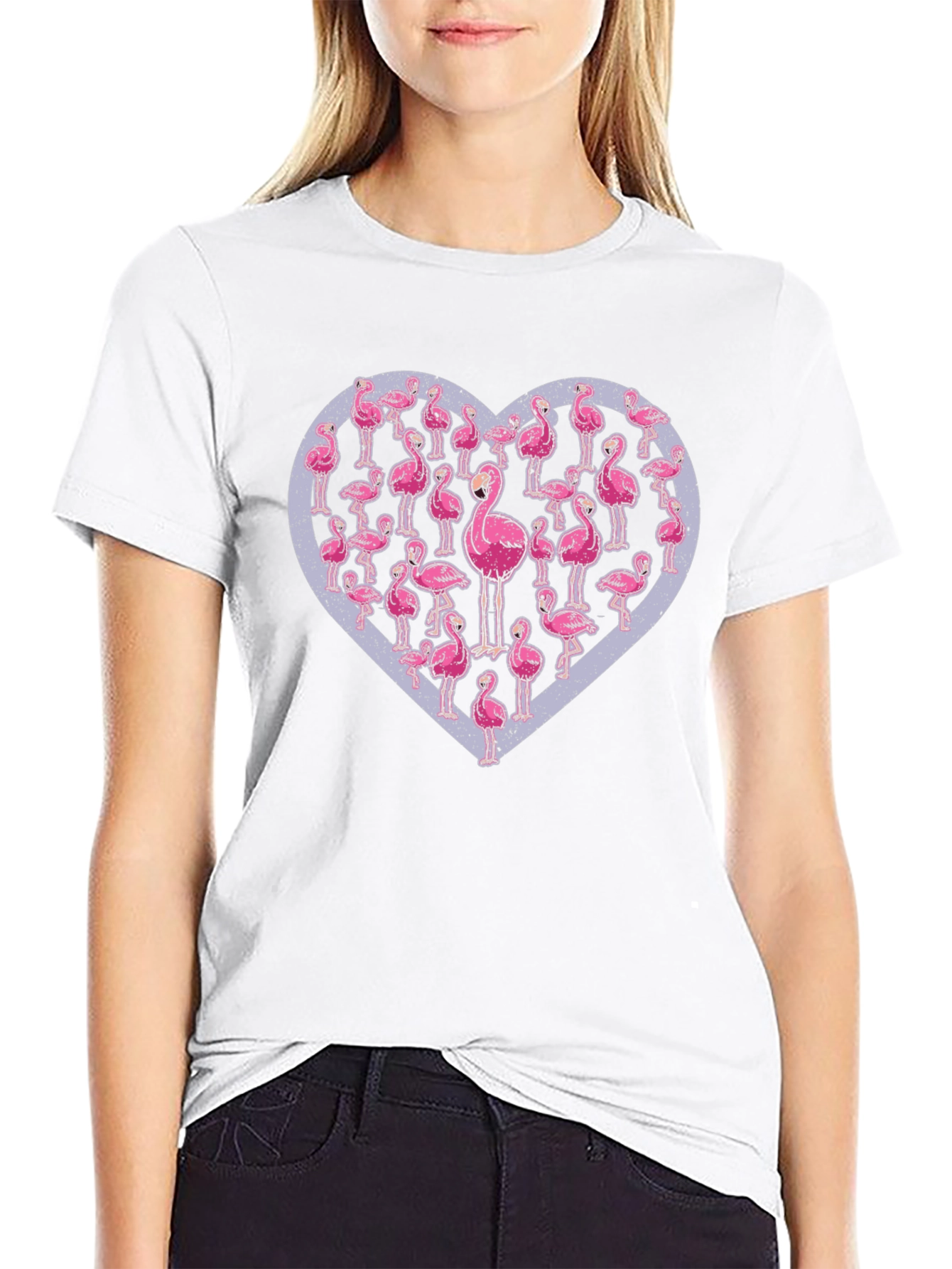 Flamingo Heart Graphic Tee - Casual Black T-Shirt