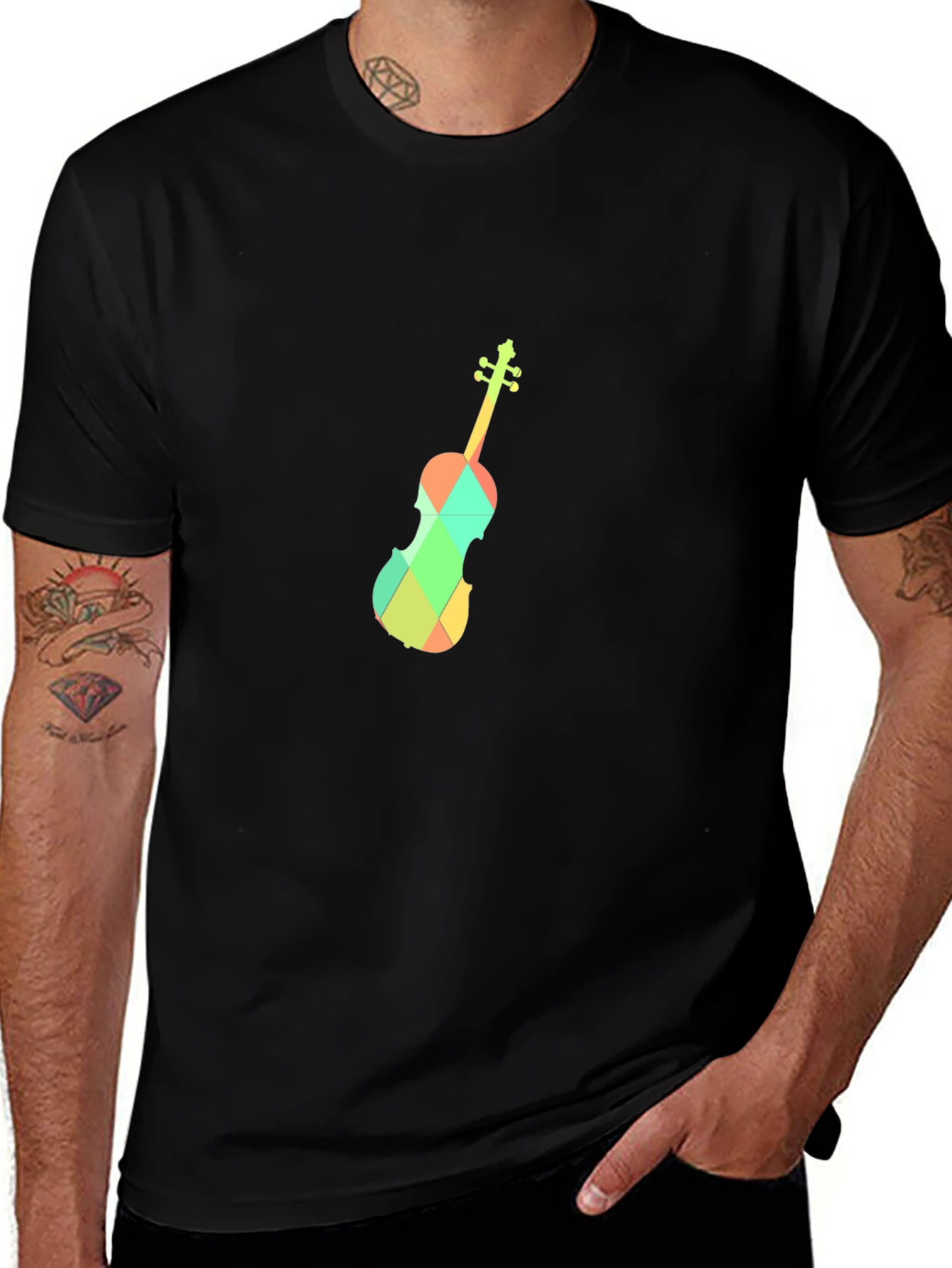 Geometric Violin Graphic Tee - Black Cotton Blend