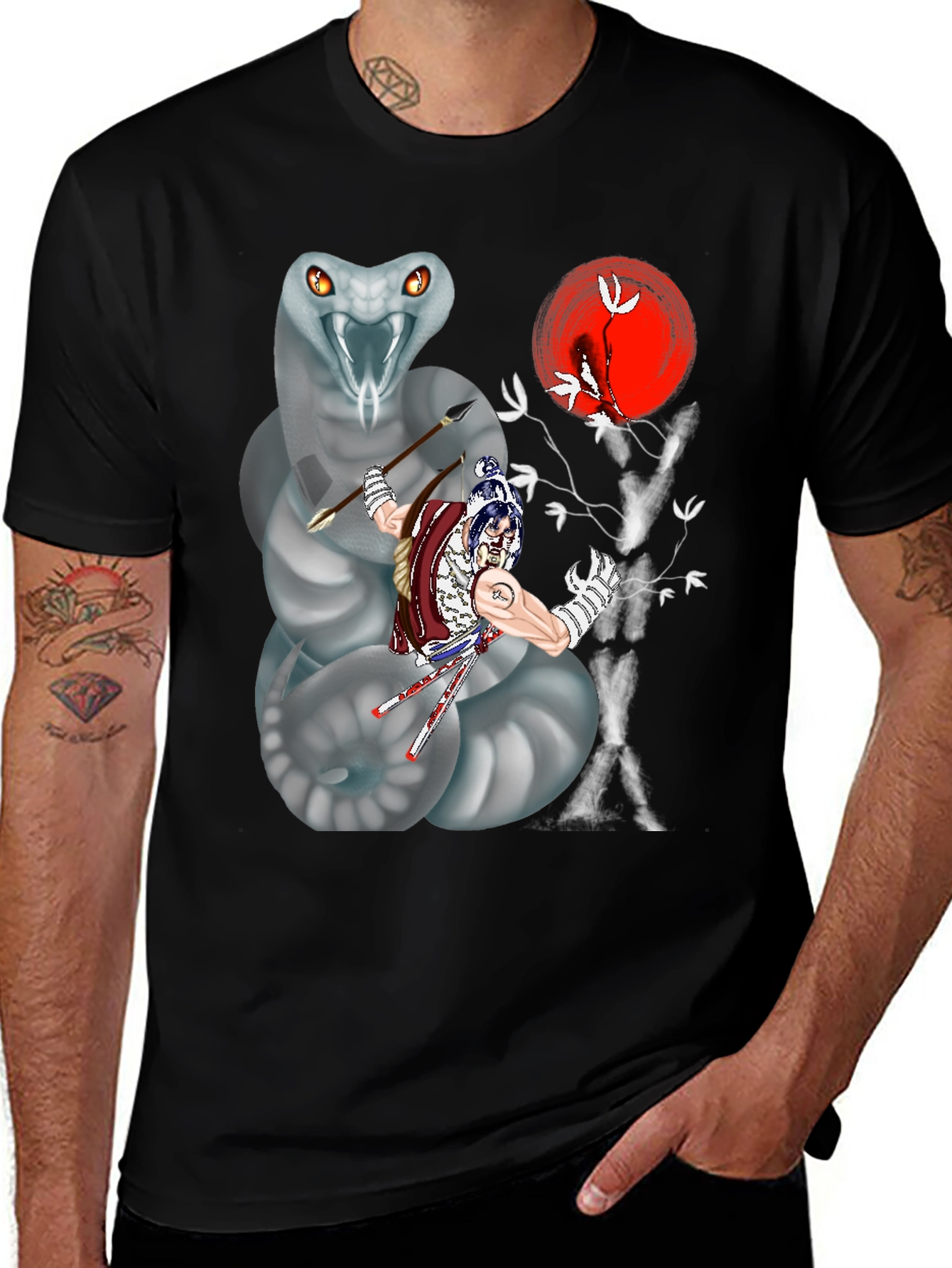 Snake & Warrior Graphic Tee - Black Cotton