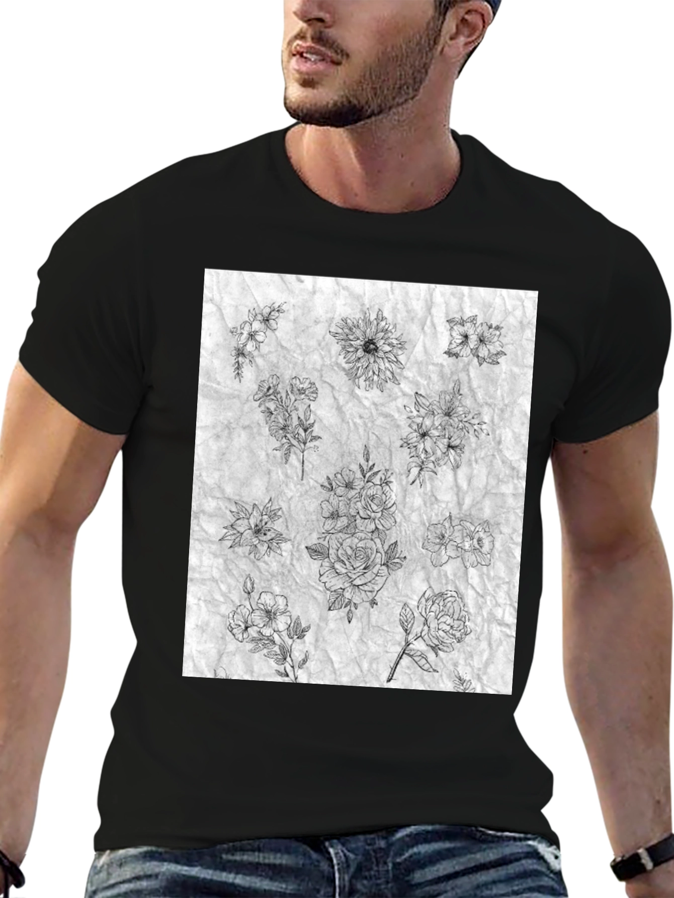 Floral Sketch Black T-Shirt