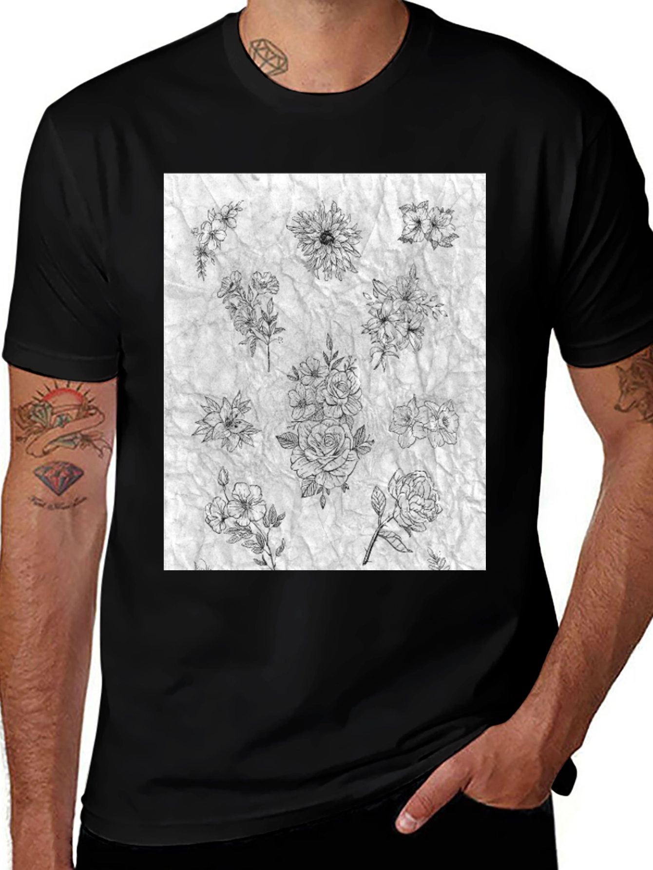 Floral Sketch Black T-Shirt
