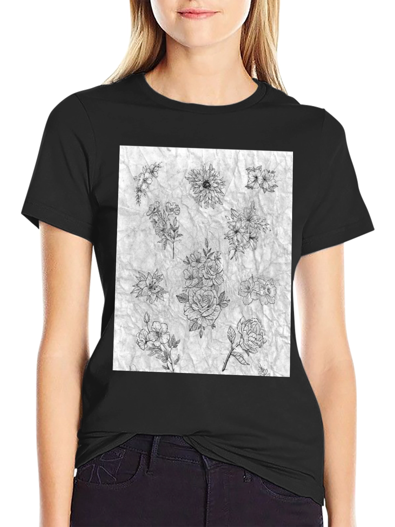 Floral Sketch Black T-Shirt