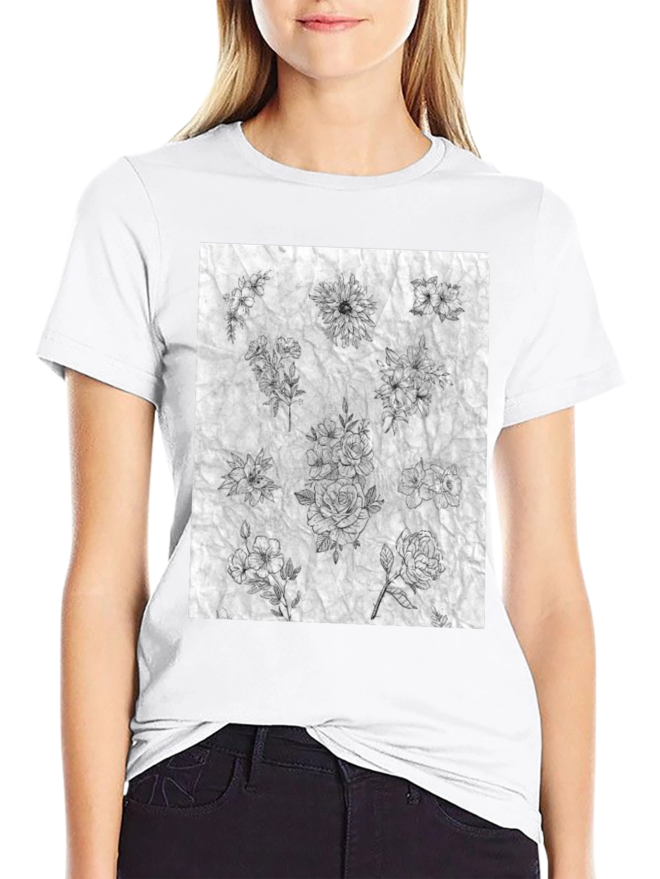 Floral Sketch Black T-Shirt