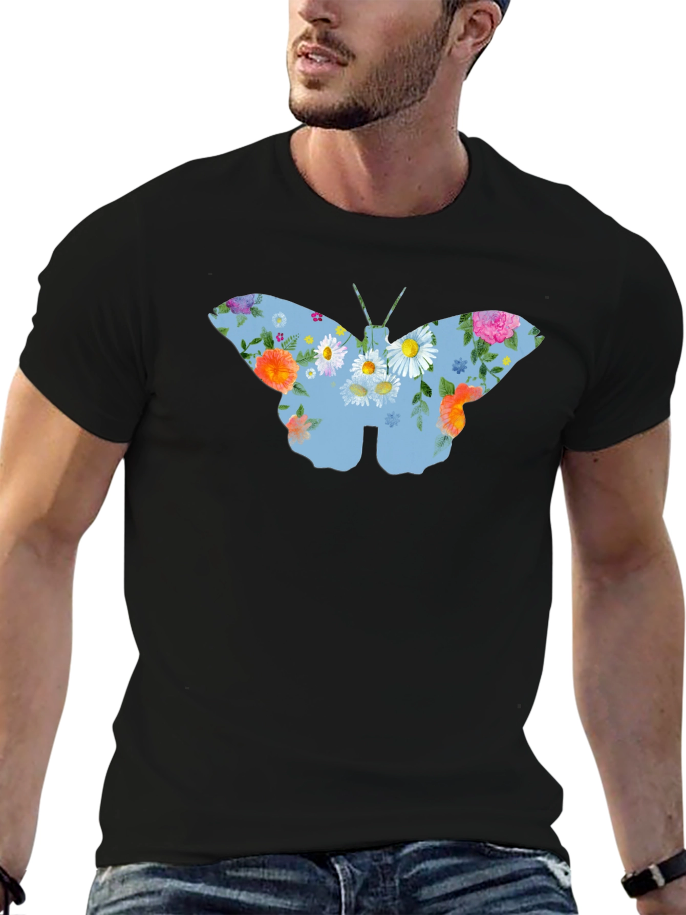 Floral Butterfly Graphic T-Shirt - Black
