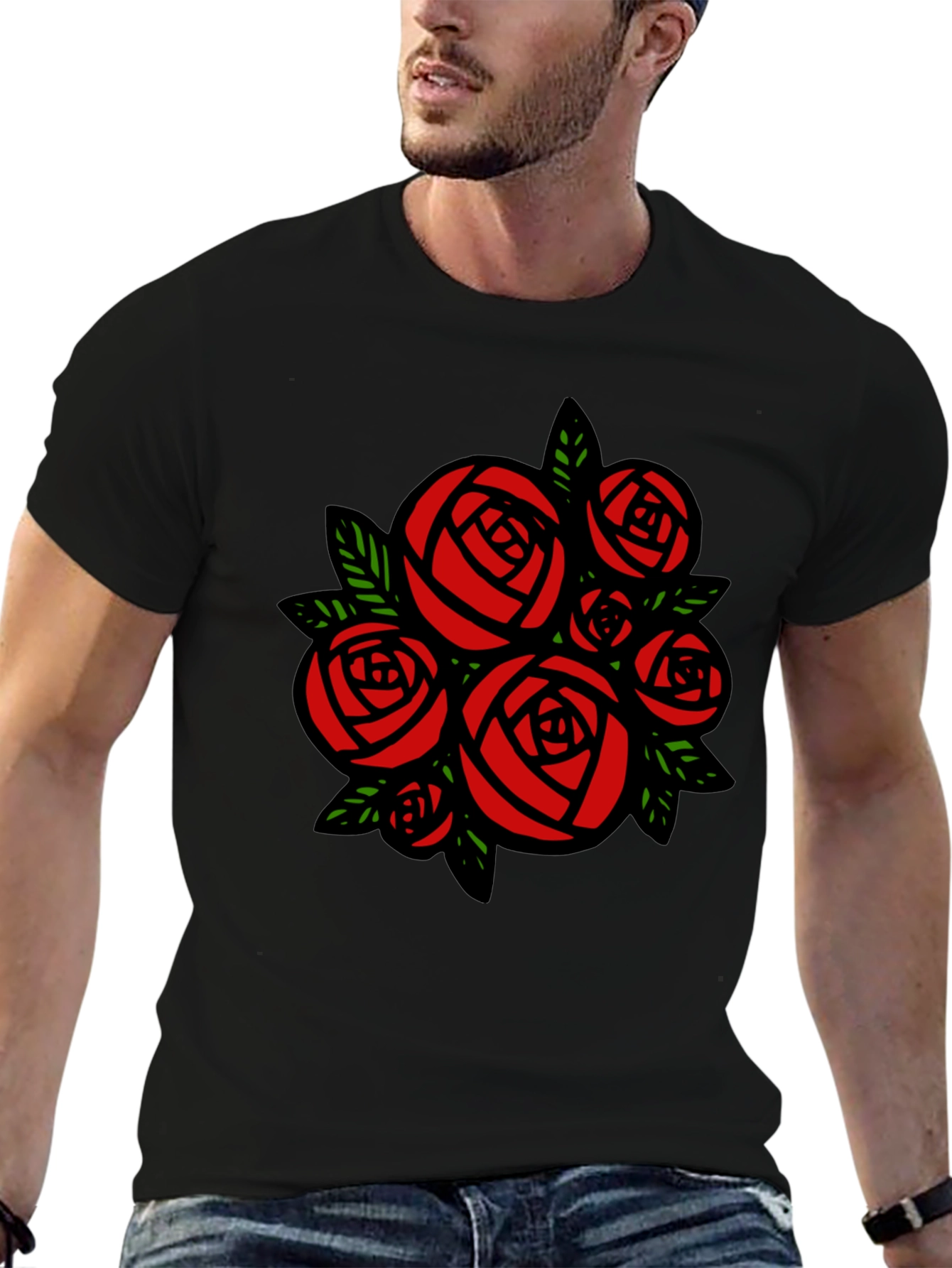 Rose Bouquet Graphic Tee - Black Cotton Casual T-Shirt