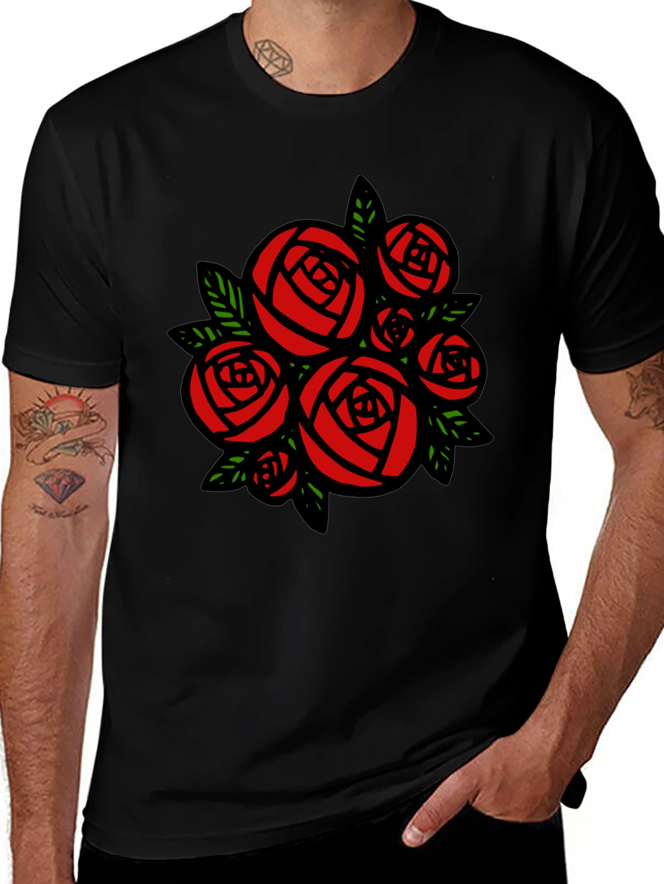 Rose Bouquet Graphic Tee - Black Cotton Casual T-Shirt