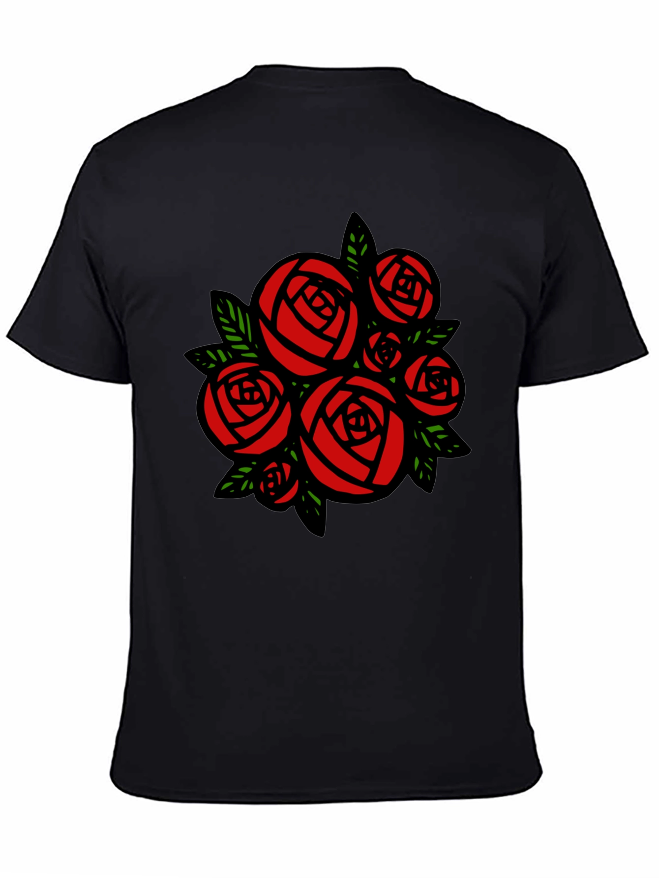Rose Bouquet Graphic Tee - Black Cotton Casual T-Shirt