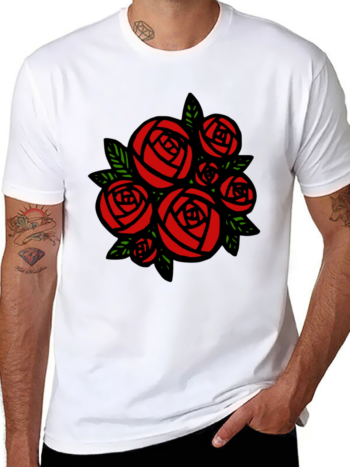 Rose Bouquet Graphic Tee - Black Cotton Casual T-Shirt