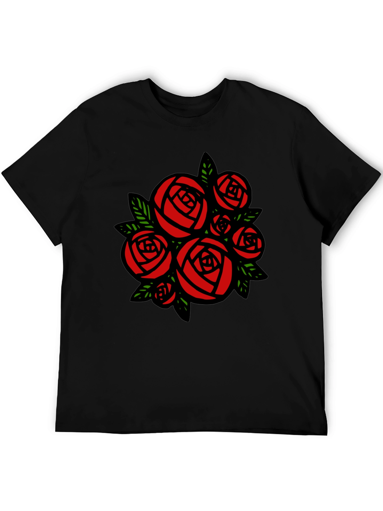 Rose Bouquet Graphic Tee - Black Cotton Casual T-Shirt