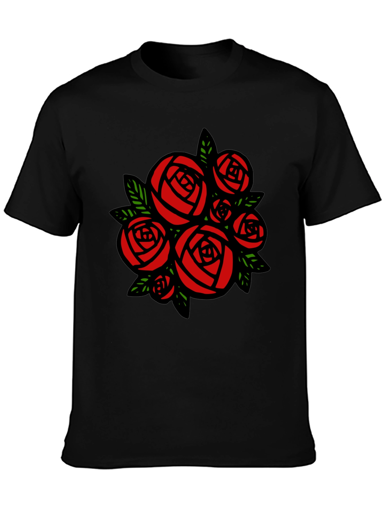 Rose Bouquet Graphic Tee - Black Cotton Casual T-Shirt