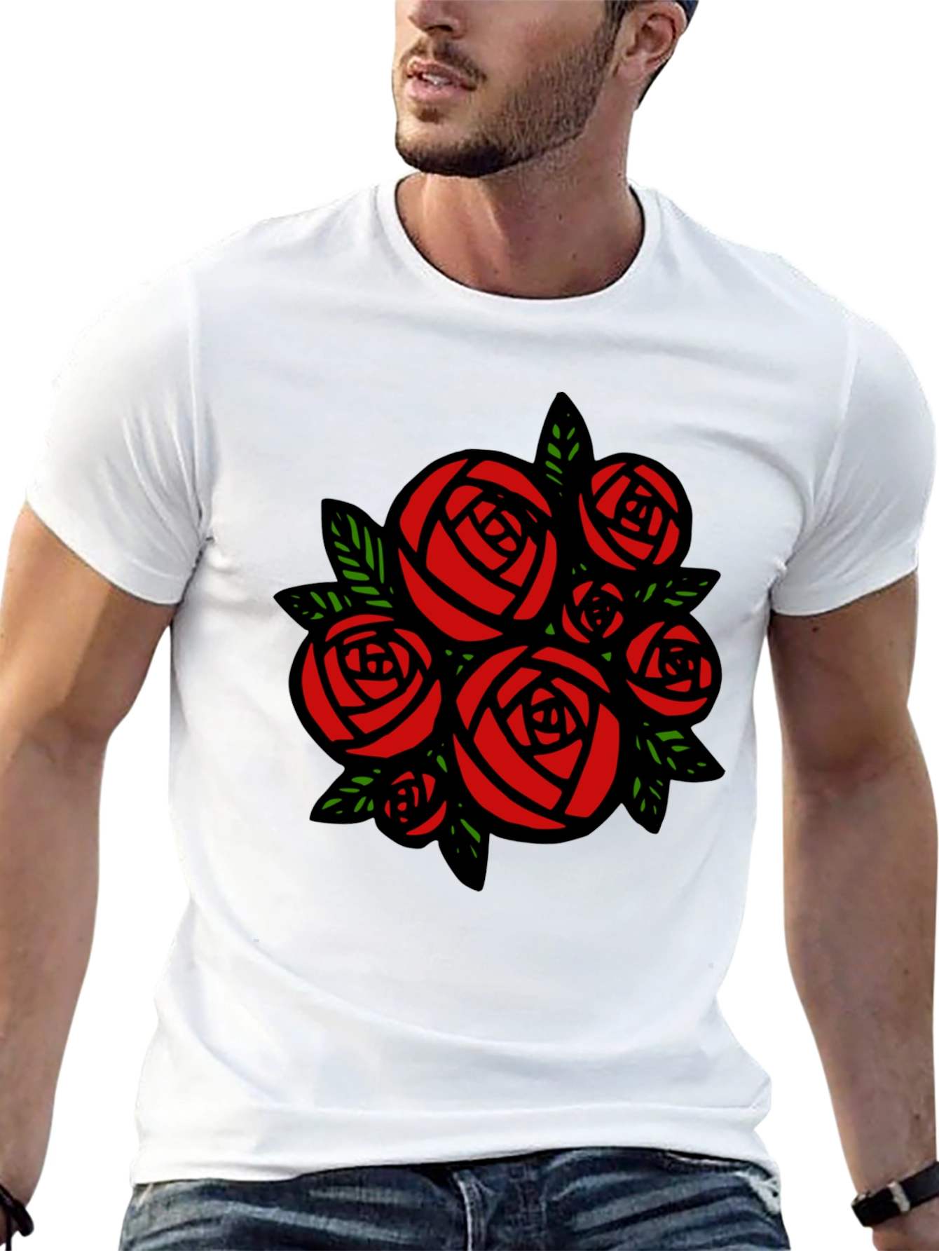 Rose Bouquet Graphic Tee - Black Cotton Casual T-Shirt