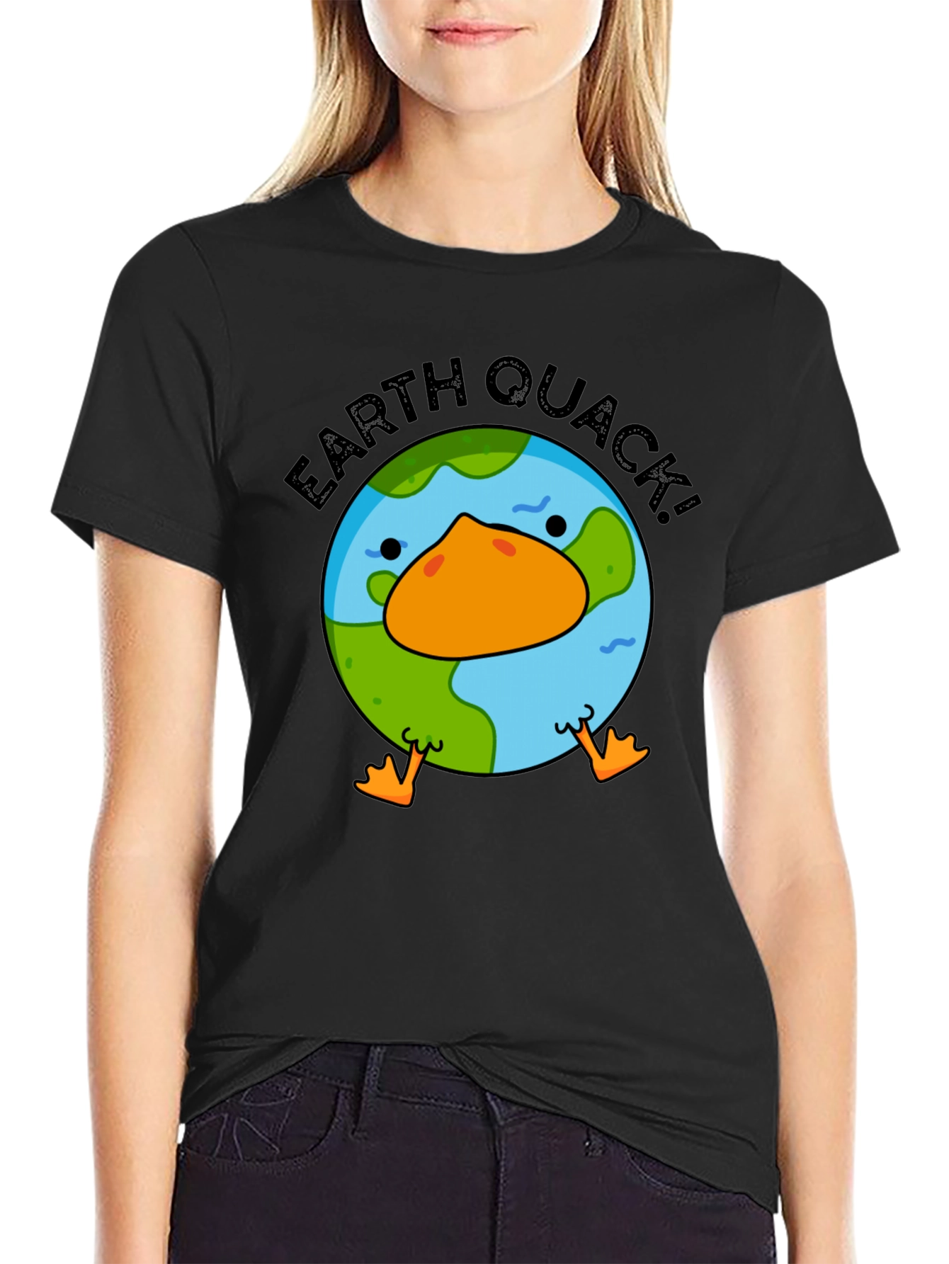 Earth Quack! Graphic Print Black T-Shirt