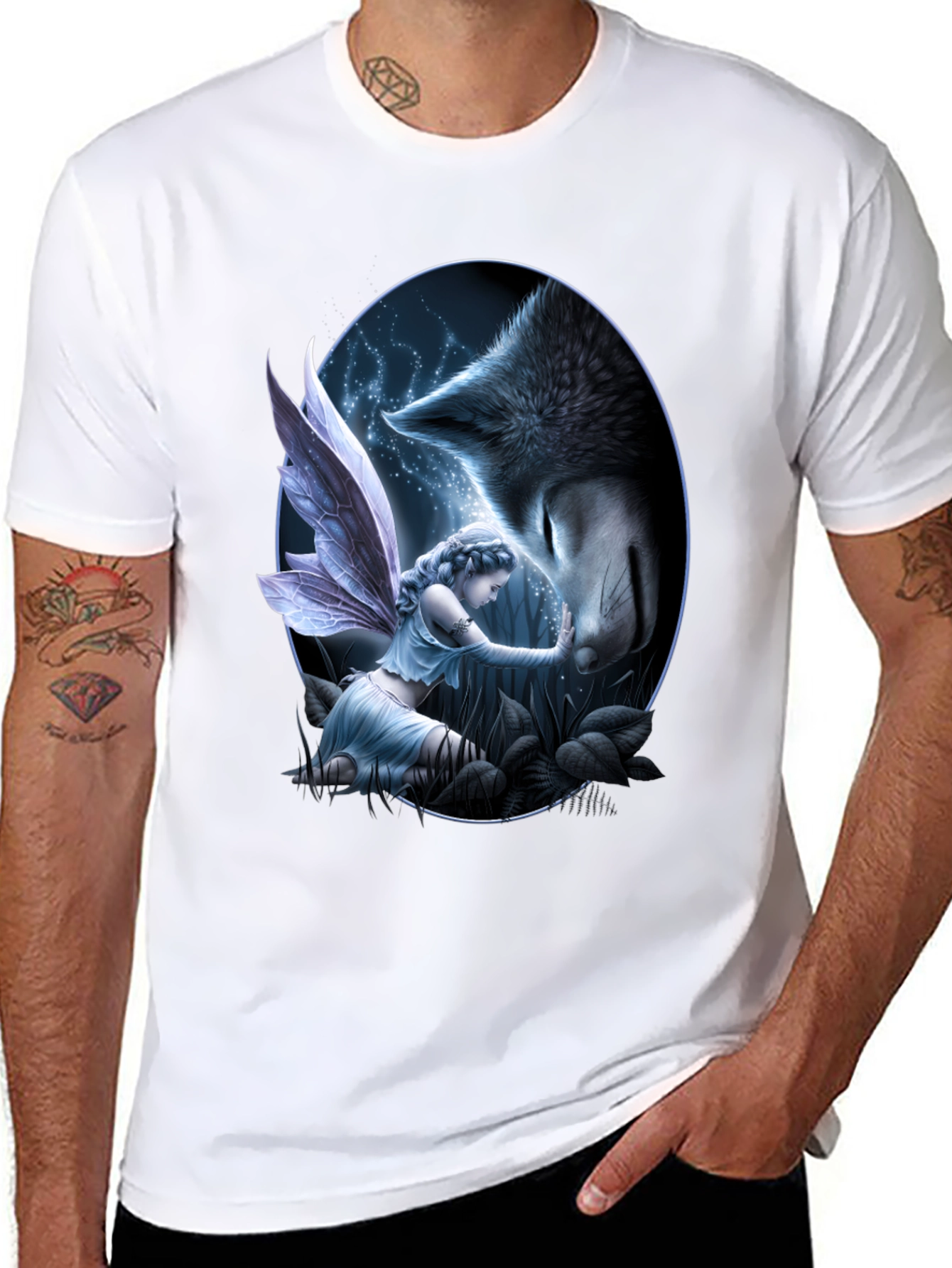 Fairy & Wolf Graphic Tee - Mystical Creature Design
