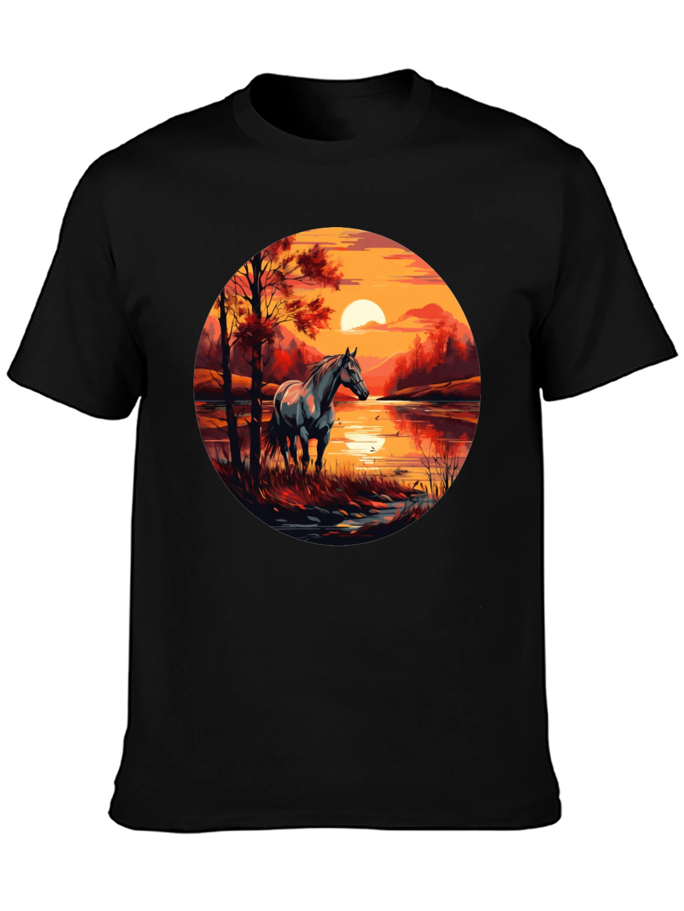 Horse Sunset Graphic Black T-Shirt