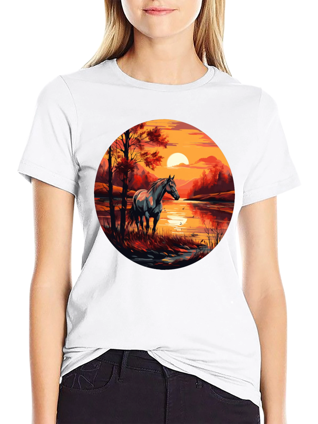 Horse Sunset Graphic Black T-Shirt