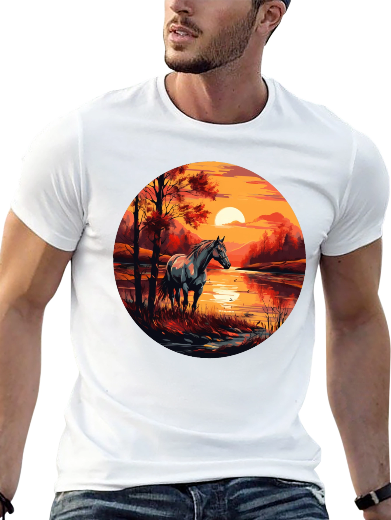 Horse Sunset Graphic Black T-Shirt
