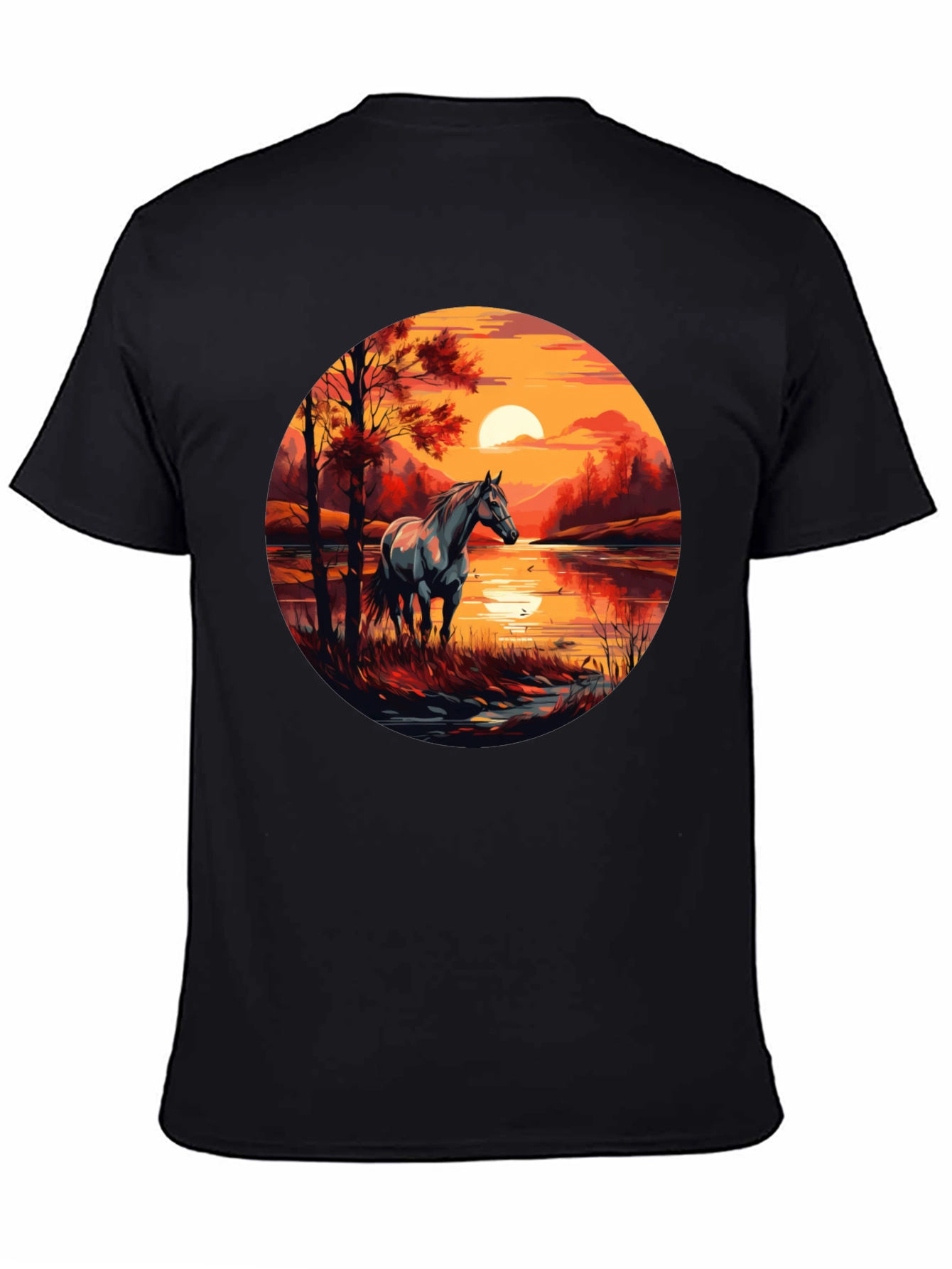 Horse Sunset Graphic Black T-Shirt