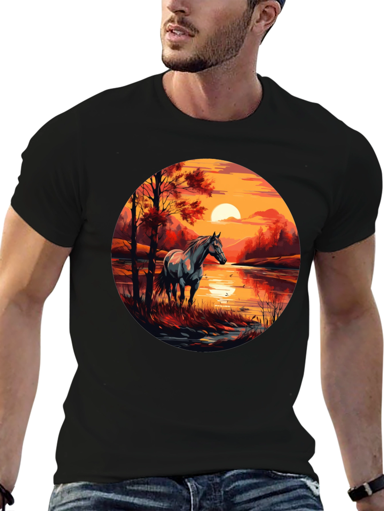Horse Sunset Graphic Black T-Shirt