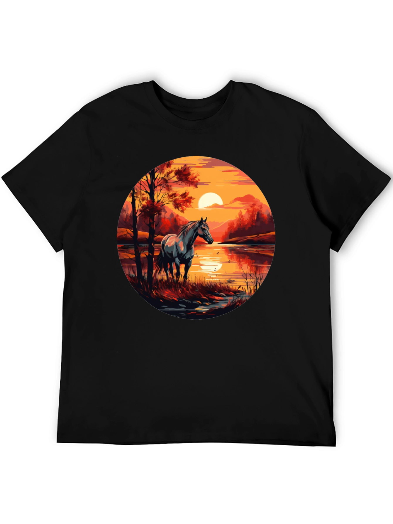 Horse Sunset Graphic Black T-Shirt