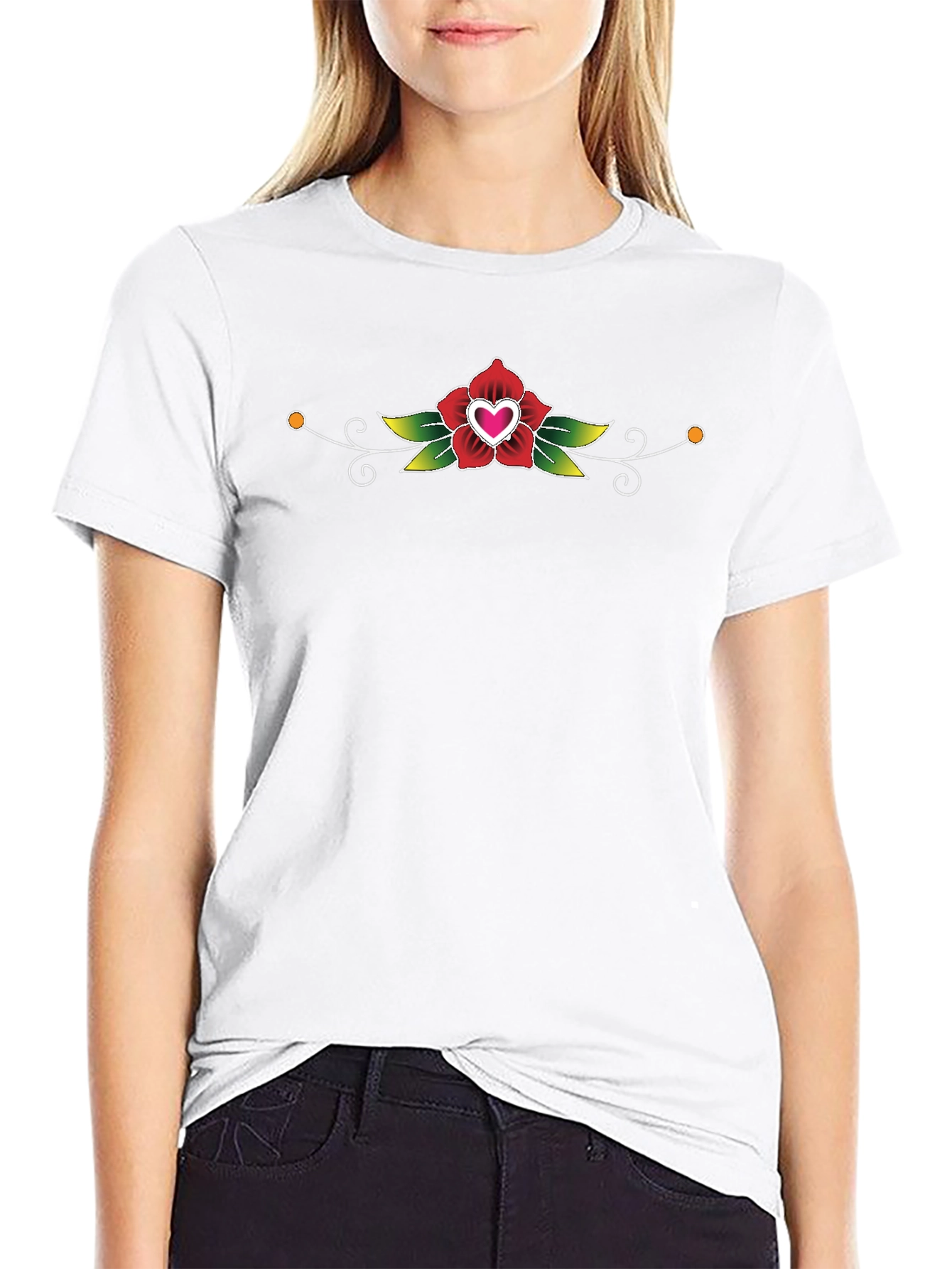 Black T-Shirt with Heart Rose Graphic
