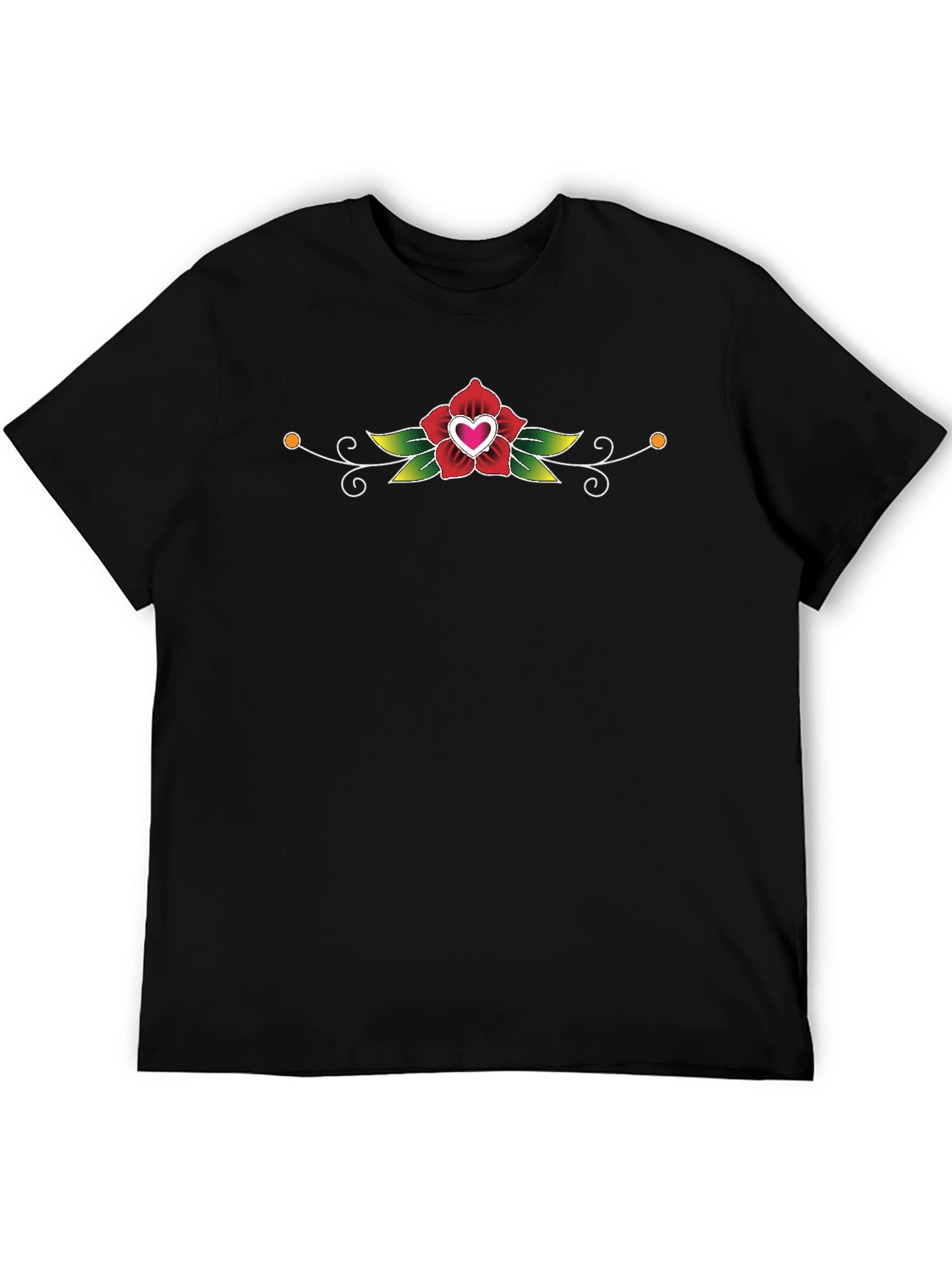 Black T-Shirt with Heart Rose Graphic