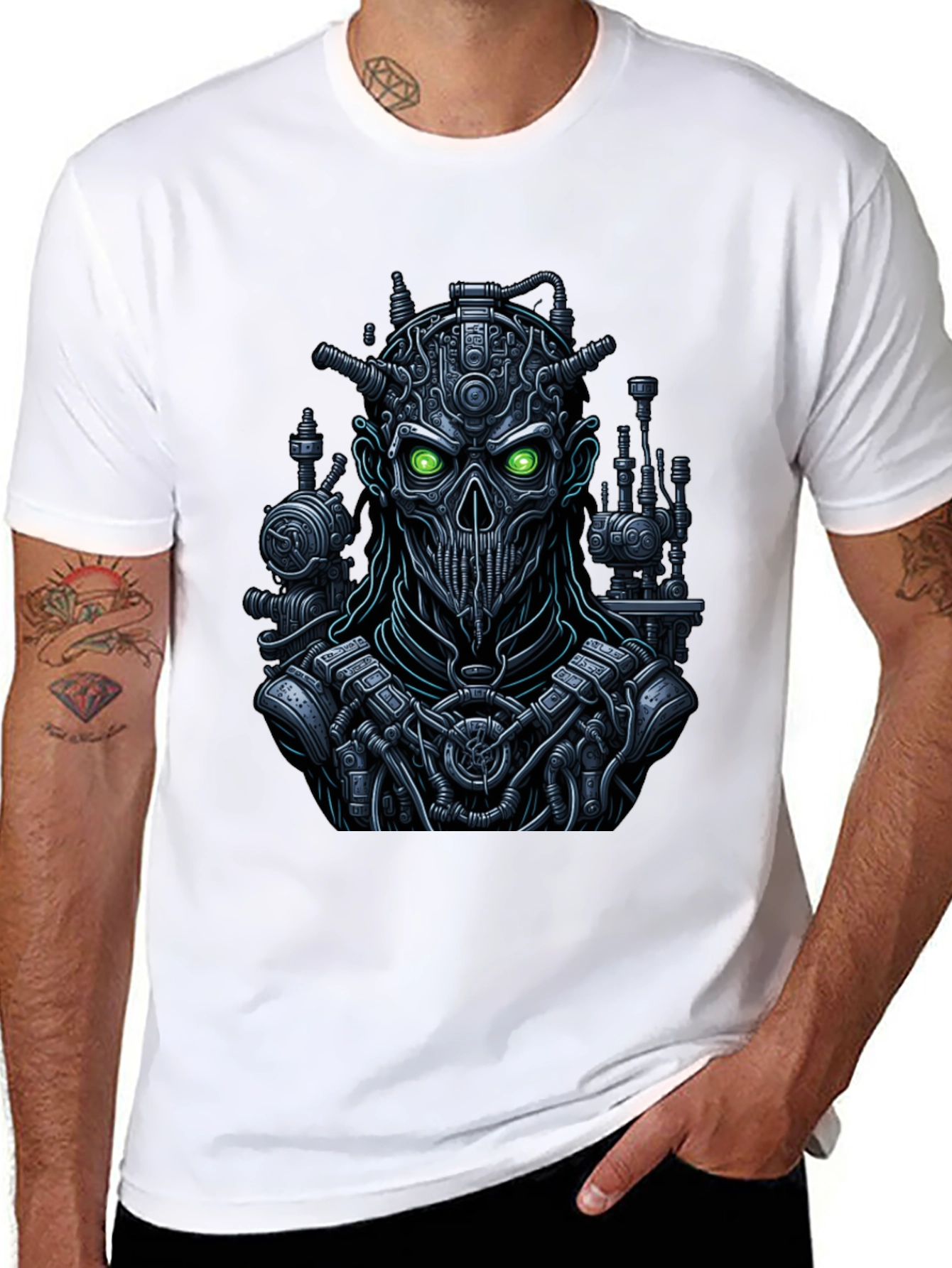 Steampunk Robot Skull Graphic Tee - Black