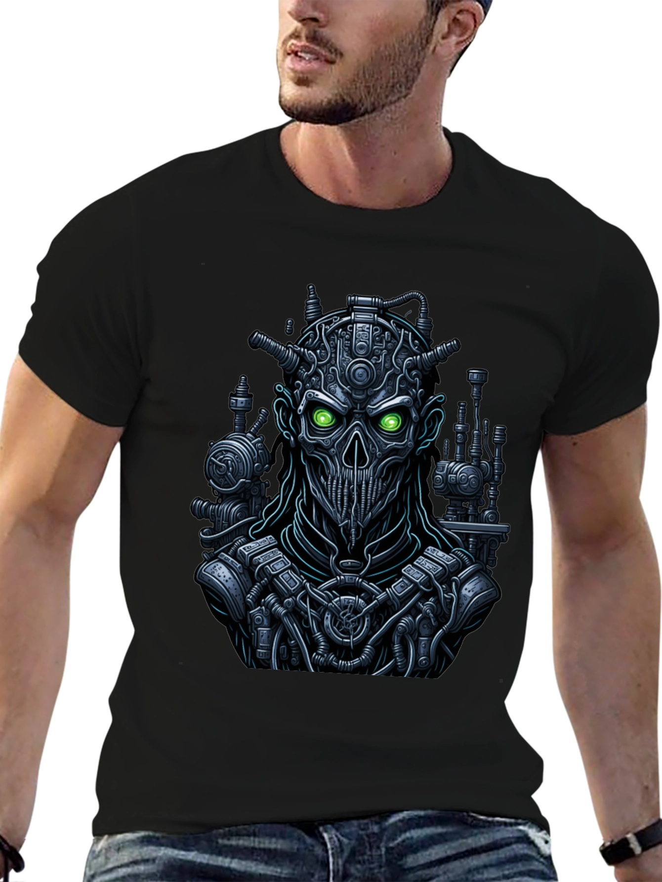 Steampunk Robot Skull Graphic Tee - Black