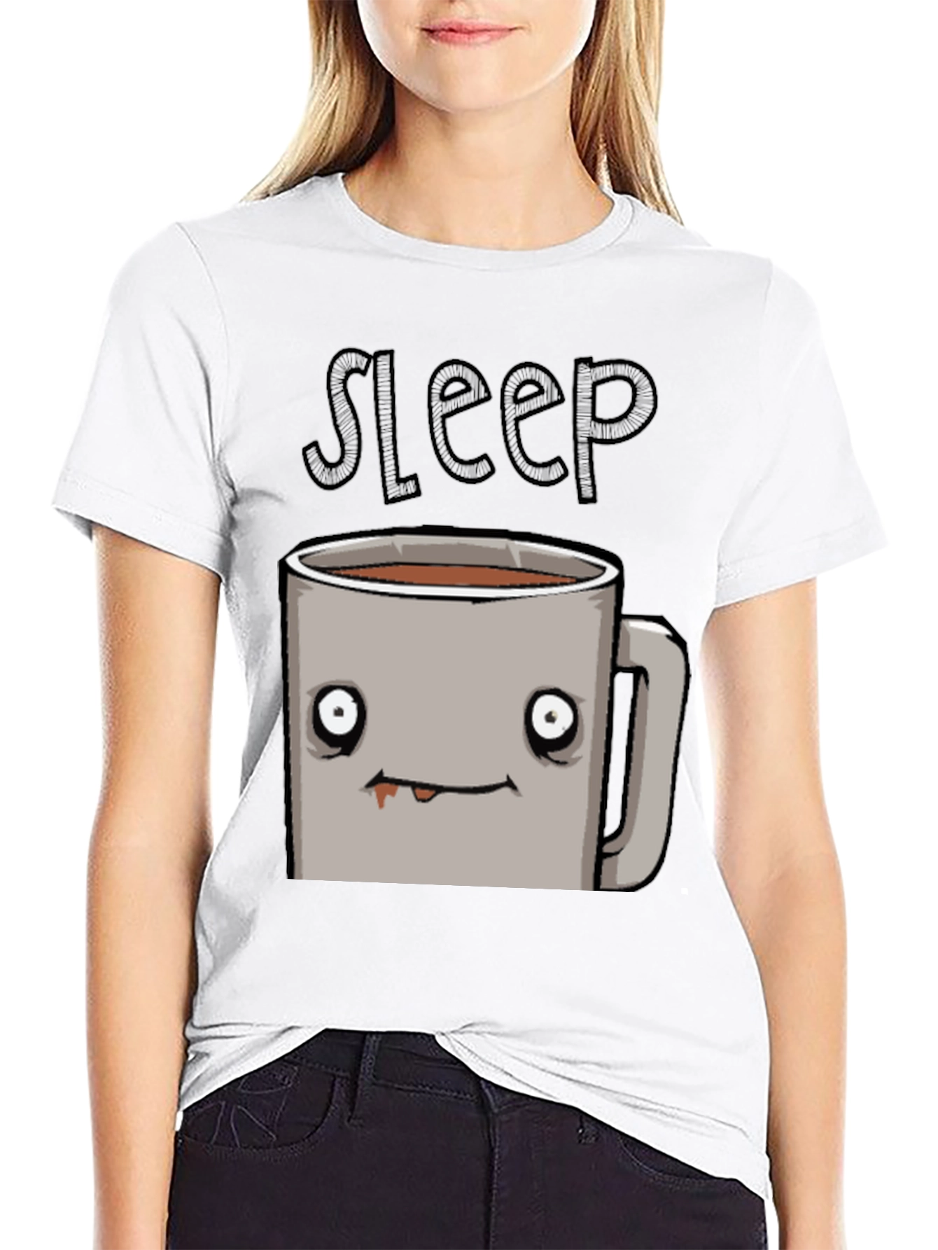Sleepy Coffee Cup Graphic Tee - Soft Black T-Shirt