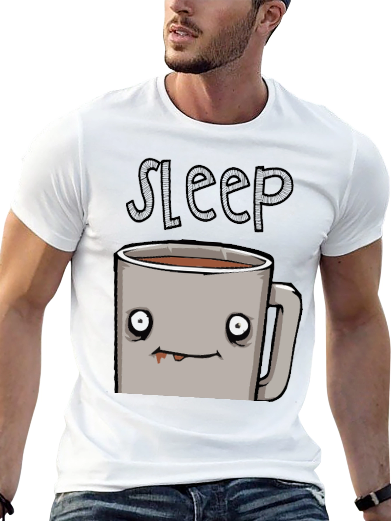 Sleepy Coffee Cup Graphic Tee - Soft Black T-Shirt