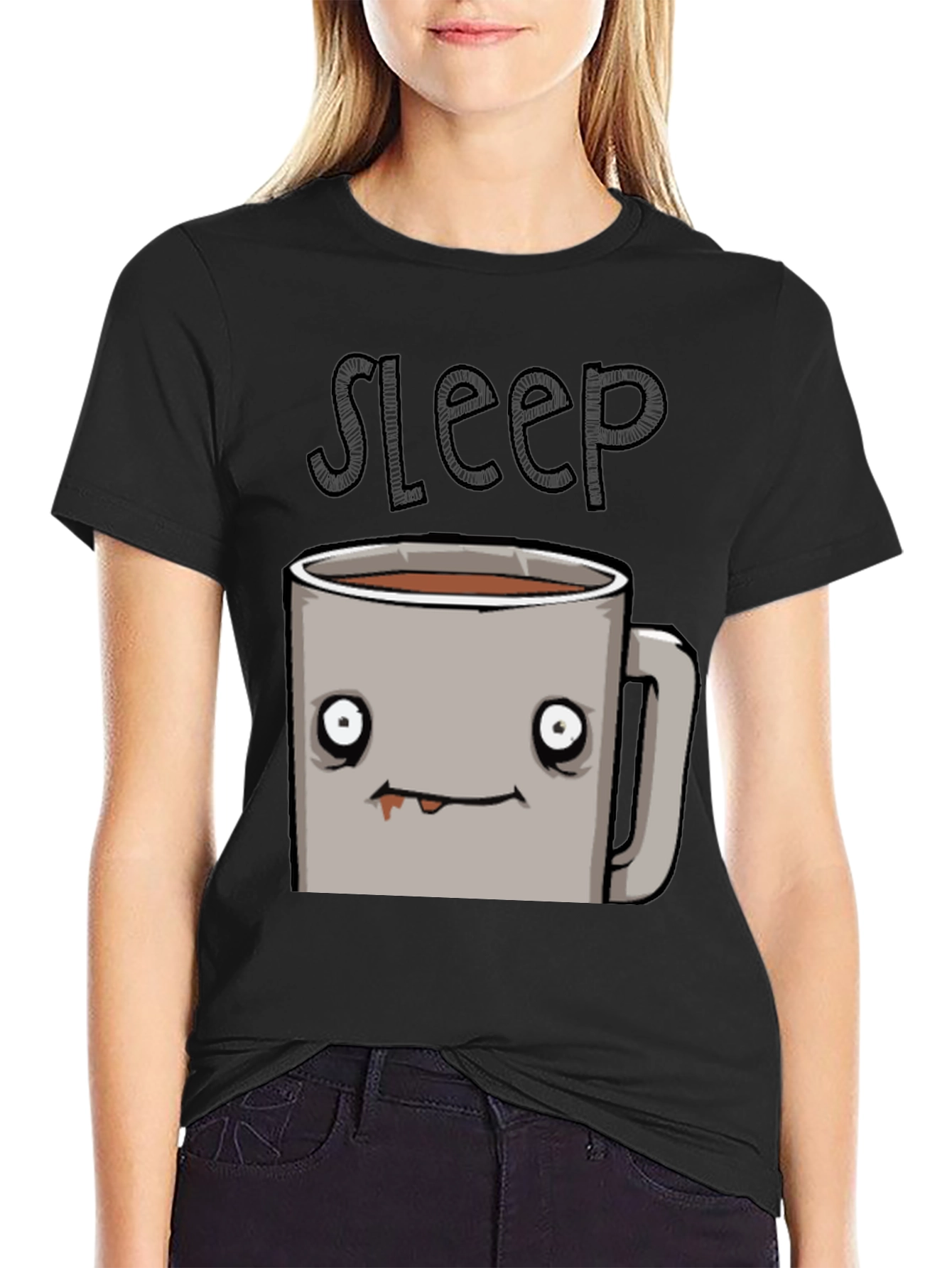 Sleepy Coffee Cup Graphic Tee - Soft Black T-Shirt