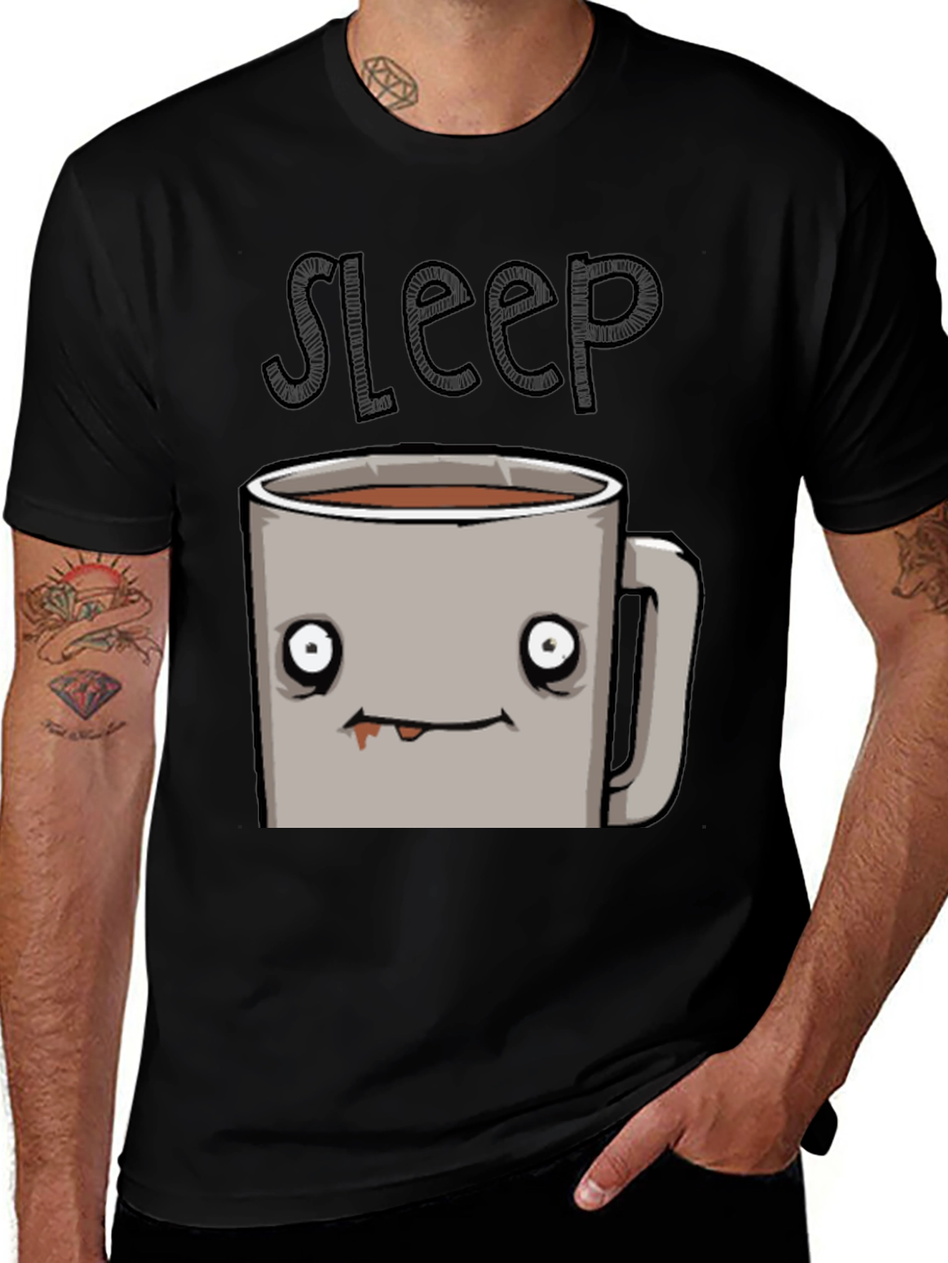 Sleepy Coffee Cup Graphic Tee - Soft Black T-Shirt