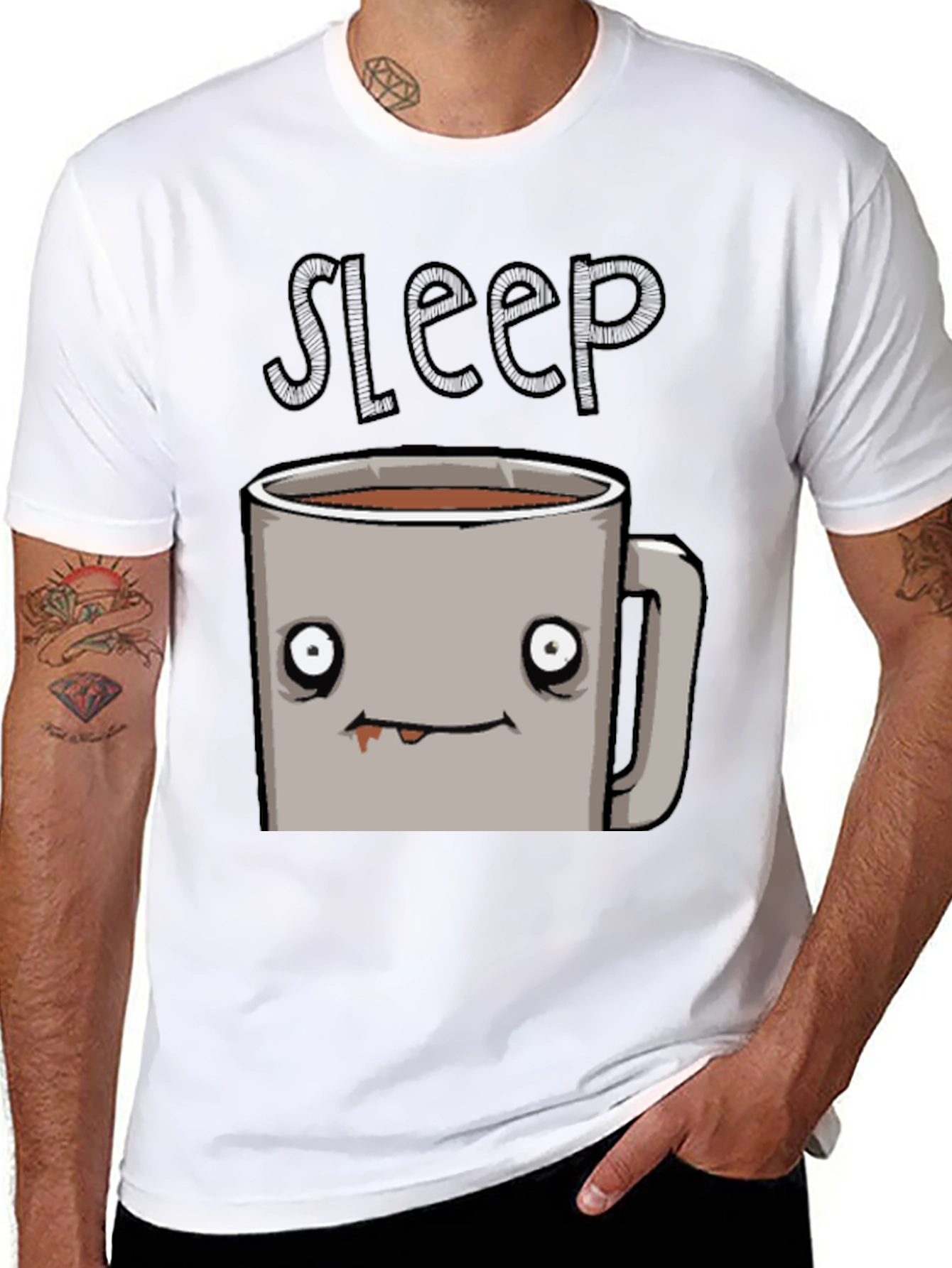Sleepy Coffee Cup Graphic Tee - Soft Black T-Shirt