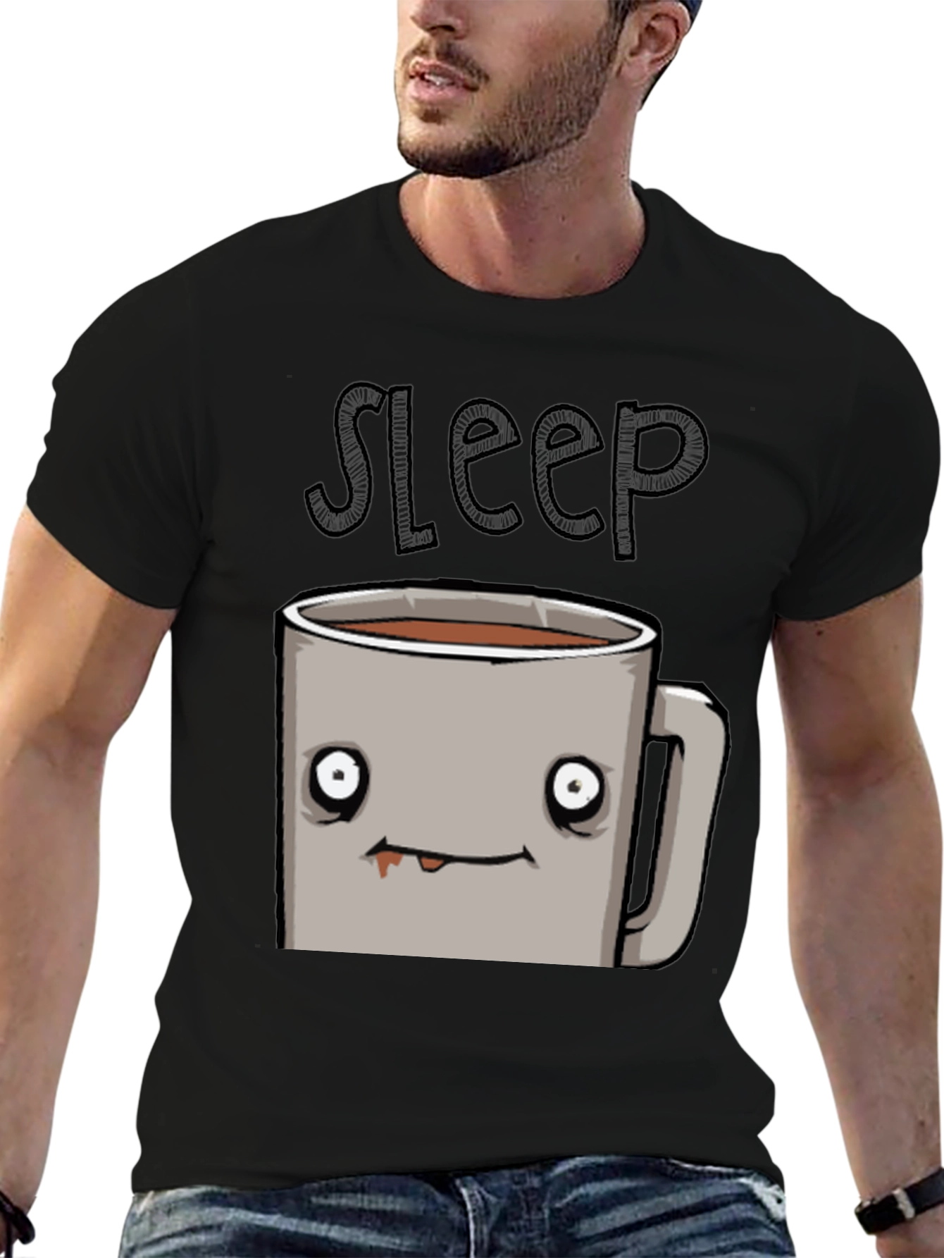 Sleepy Coffee Cup Graphic Tee - Soft Black T-Shirt