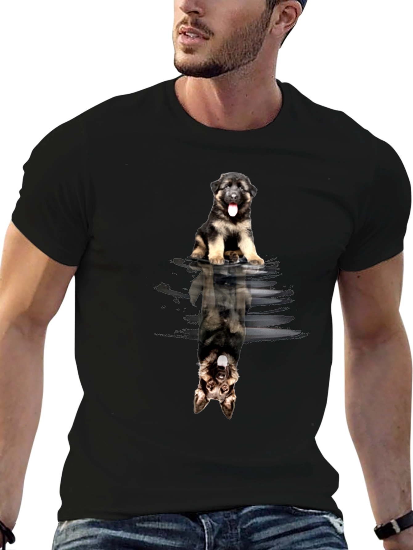 German Shepherd Puppy Reflection Black T-Shirt