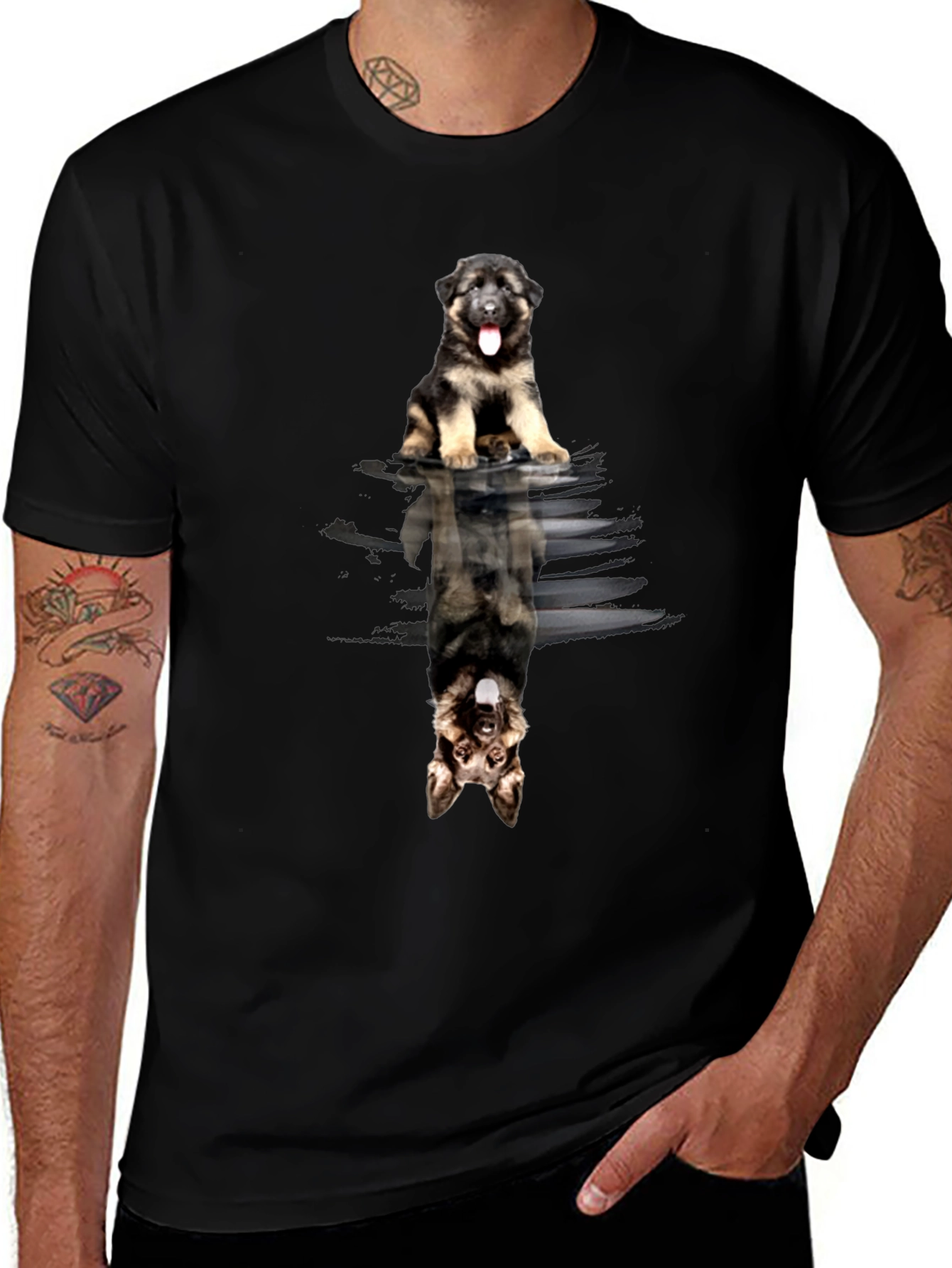 German Shepherd Puppy Reflection Black T-Shirt