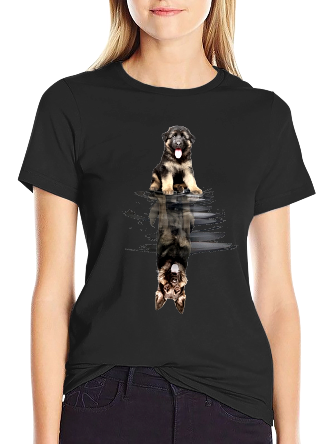German Shepherd Puppy Reflection Black T-Shirt