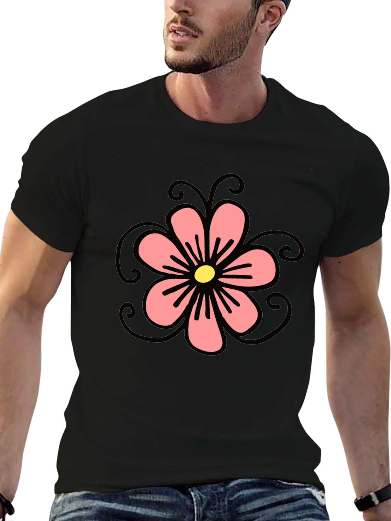 Black T-Shirt with Floral Design