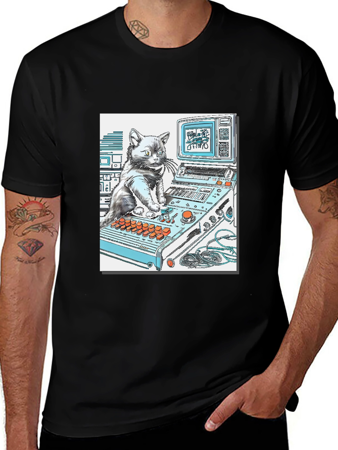 DJ Cat Graphic T-Shirt - Cool Black Tee