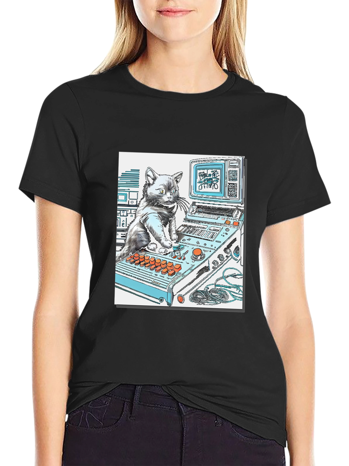 DJ Cat Graphic T-Shirt - Cool Black Tee