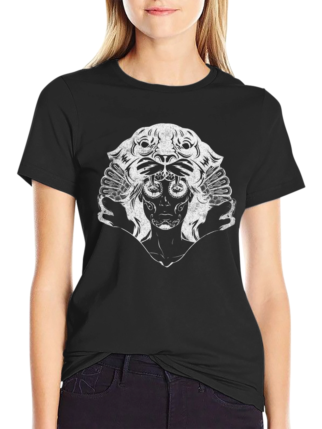 Black T-Shirt with Unique White Graphic Print