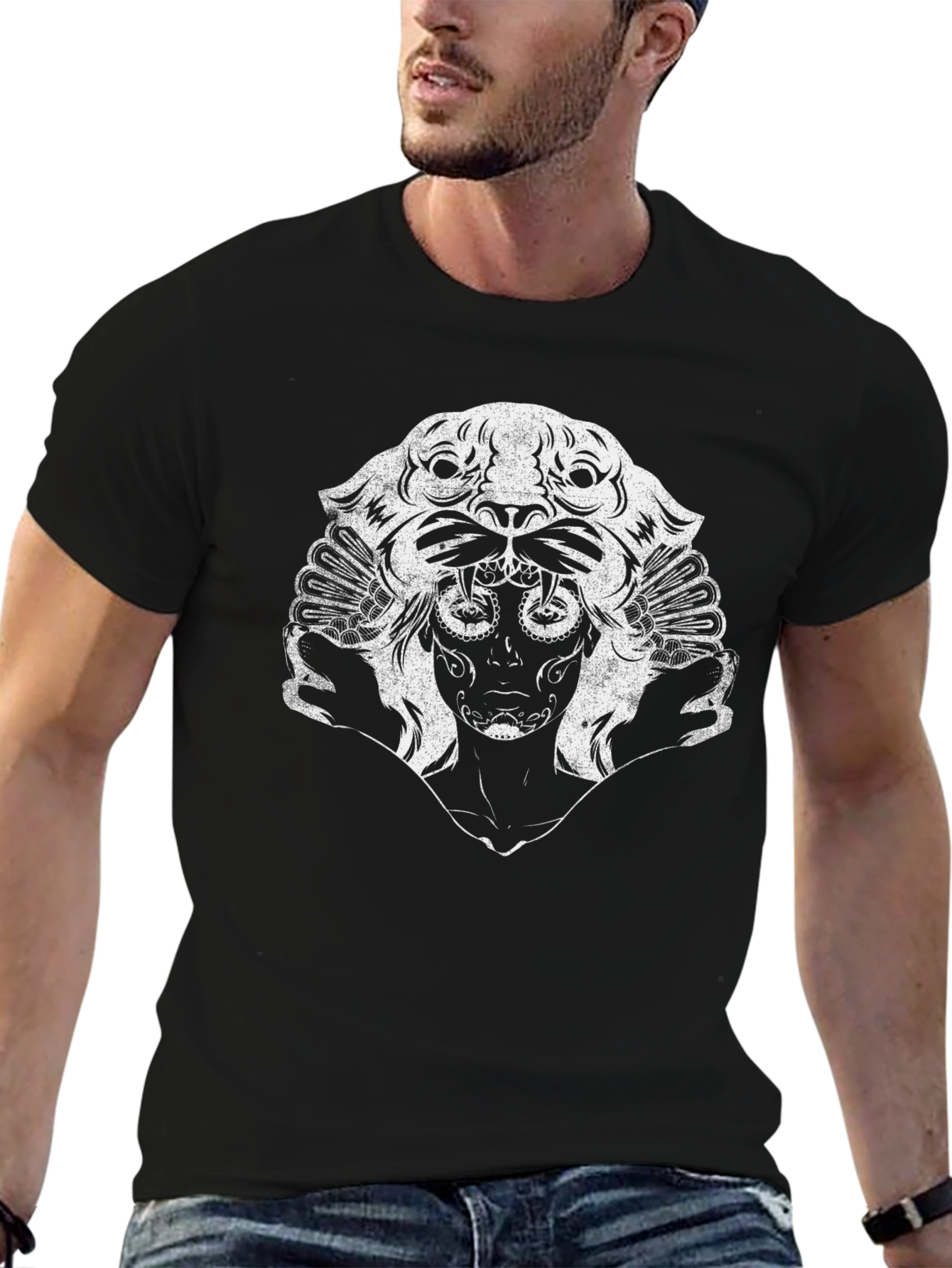Black T-Shirt with Unique White Graphic Print