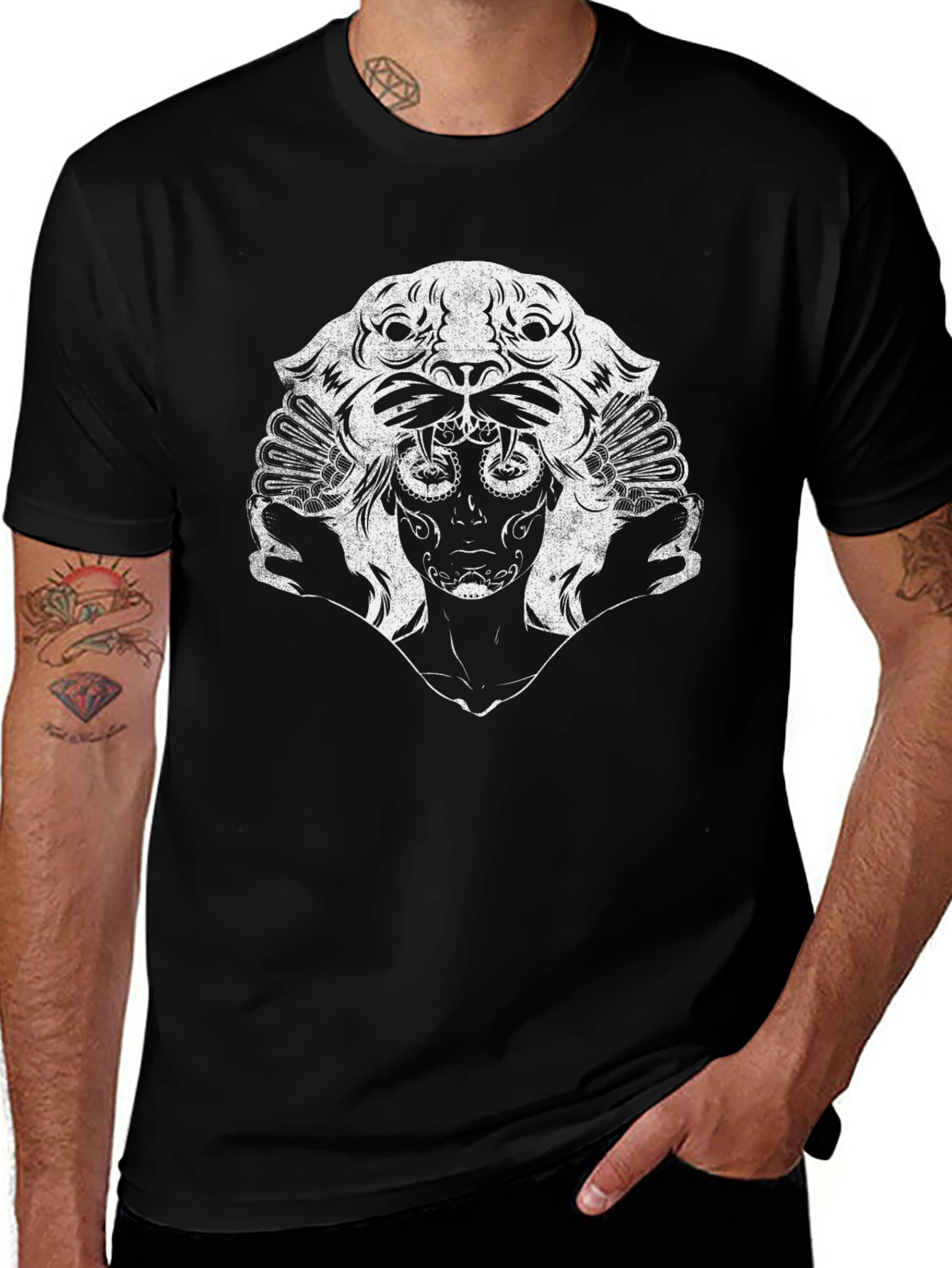 Black T-Shirt with Unique White Graphic Print