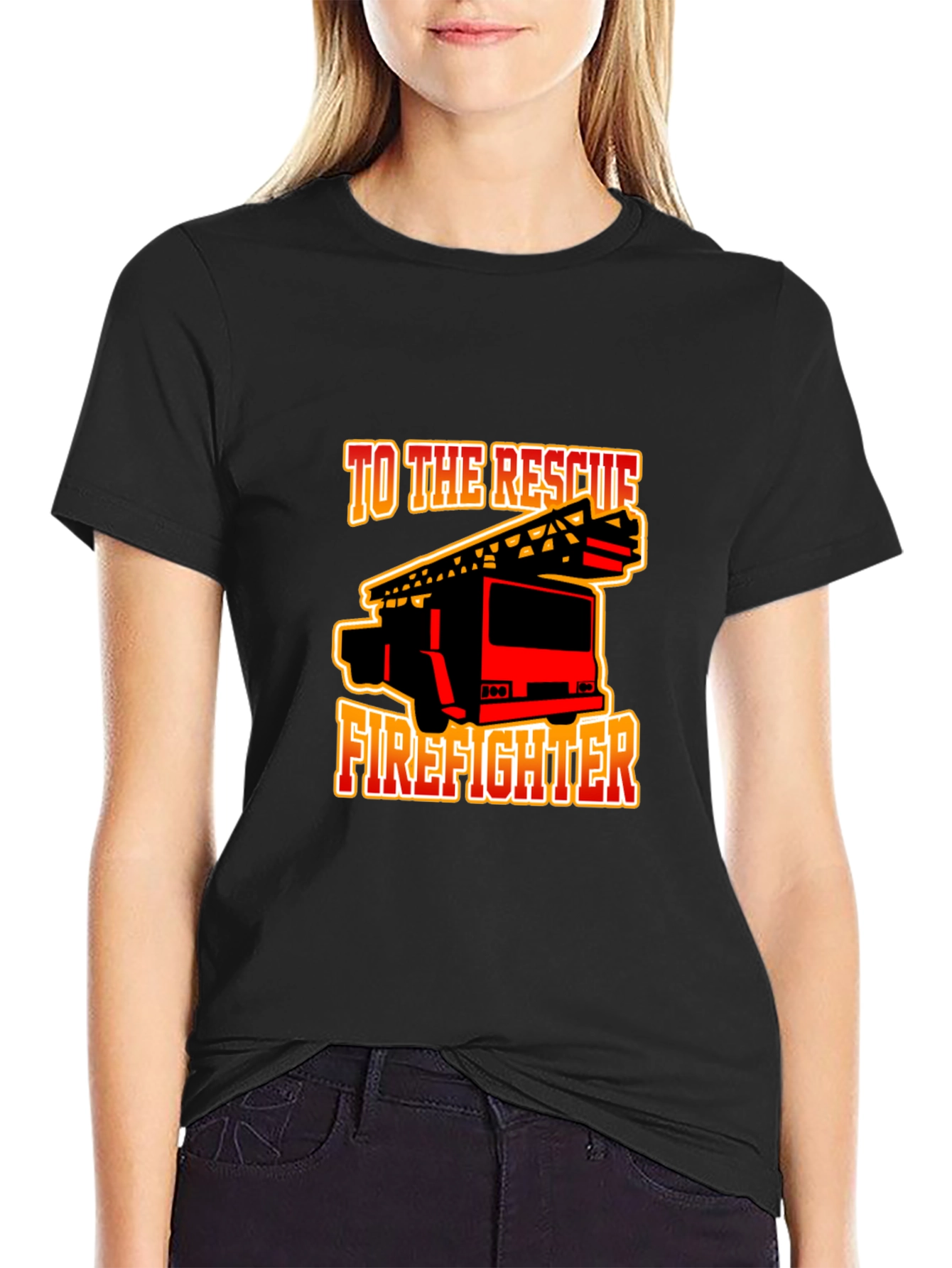 Firefighter Rescue Truck Graphic Tee - Black Cotton T-Shirt