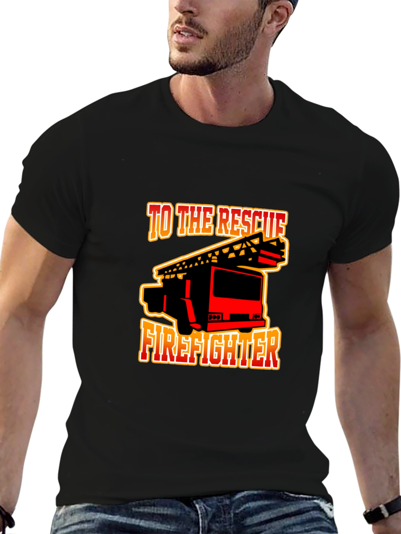 Firefighter Rescue Truck Graphic Tee - Black Cotton T-Shirt
