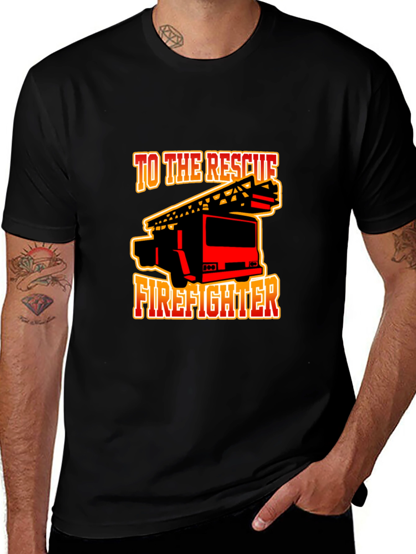 Firefighter Rescue Truck Graphic Tee - Black Cotton T-Shirt