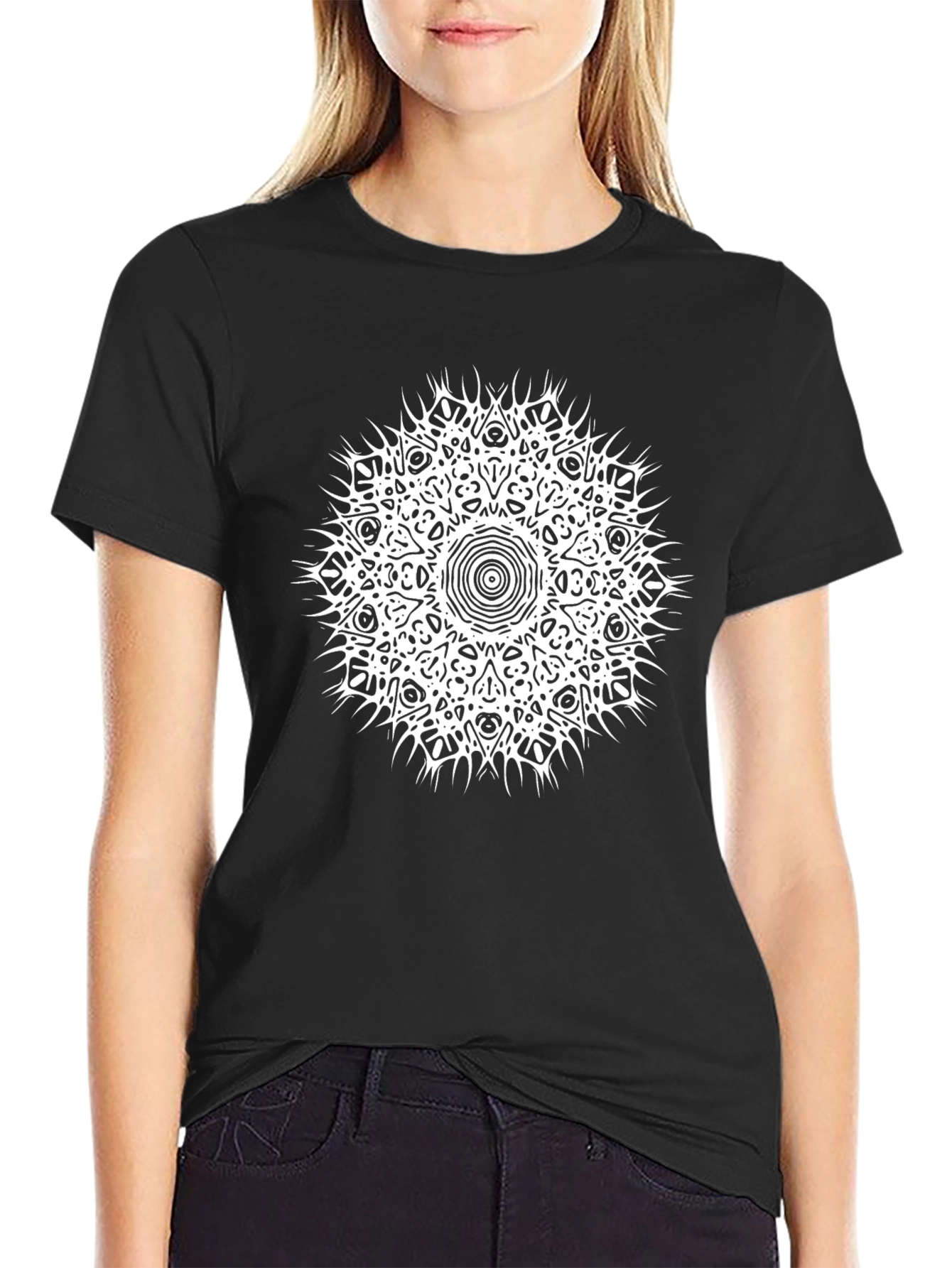 Black T-Shirt with White Mandala Graphic