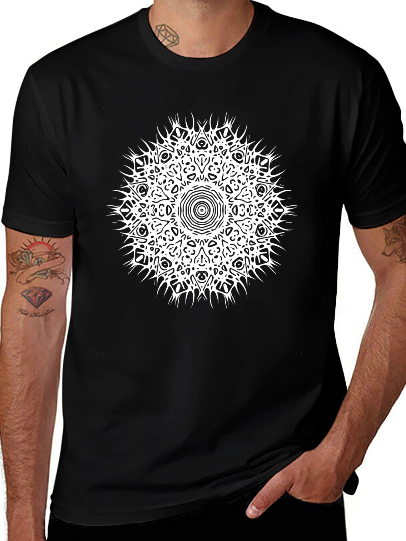 Black T-Shirt with White Mandala Graphic