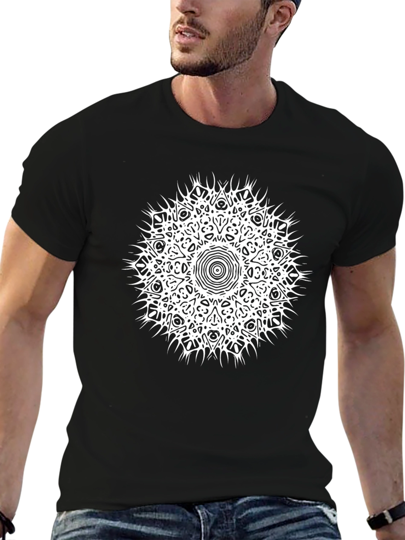 Black T-Shirt with White Mandala Graphic