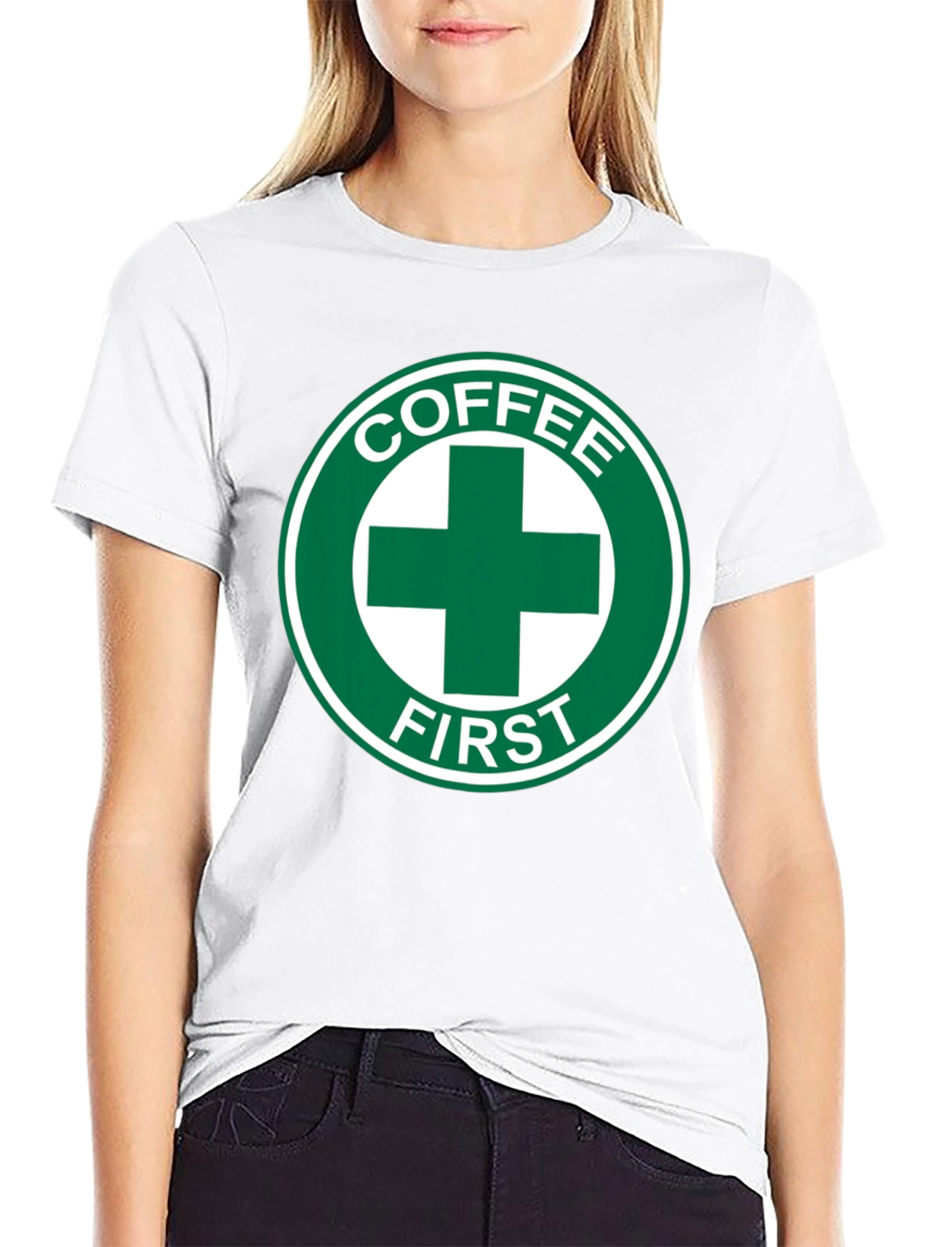 Coffee First T-Shirt - Green Cross Design