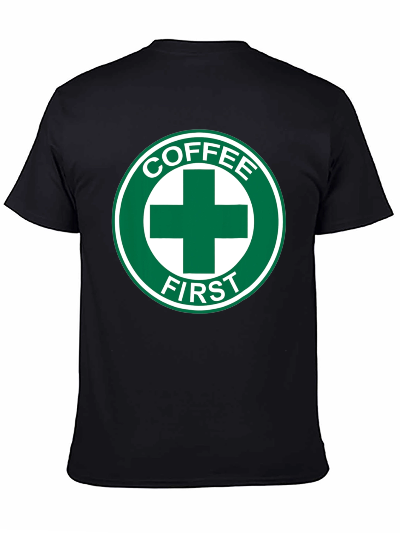 Coffee First T-Shirt - Green Cross Design